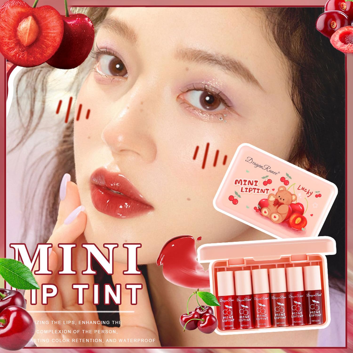 Juego de 6 colores de tinte de labios de cereza, brillo de labios coreano, mini lápiz labial líquido, tinte de labios y mejillas multiusos, taza