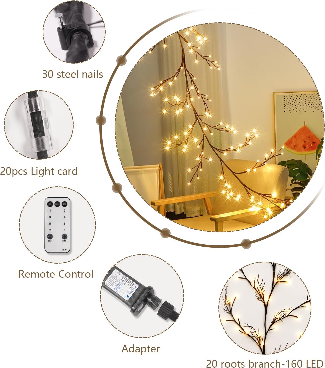 160 luces LED de vid de 9 pies para decoración de habitación con control remoto, 8 modos y temporizador, plantas de interior, flores, árbol de