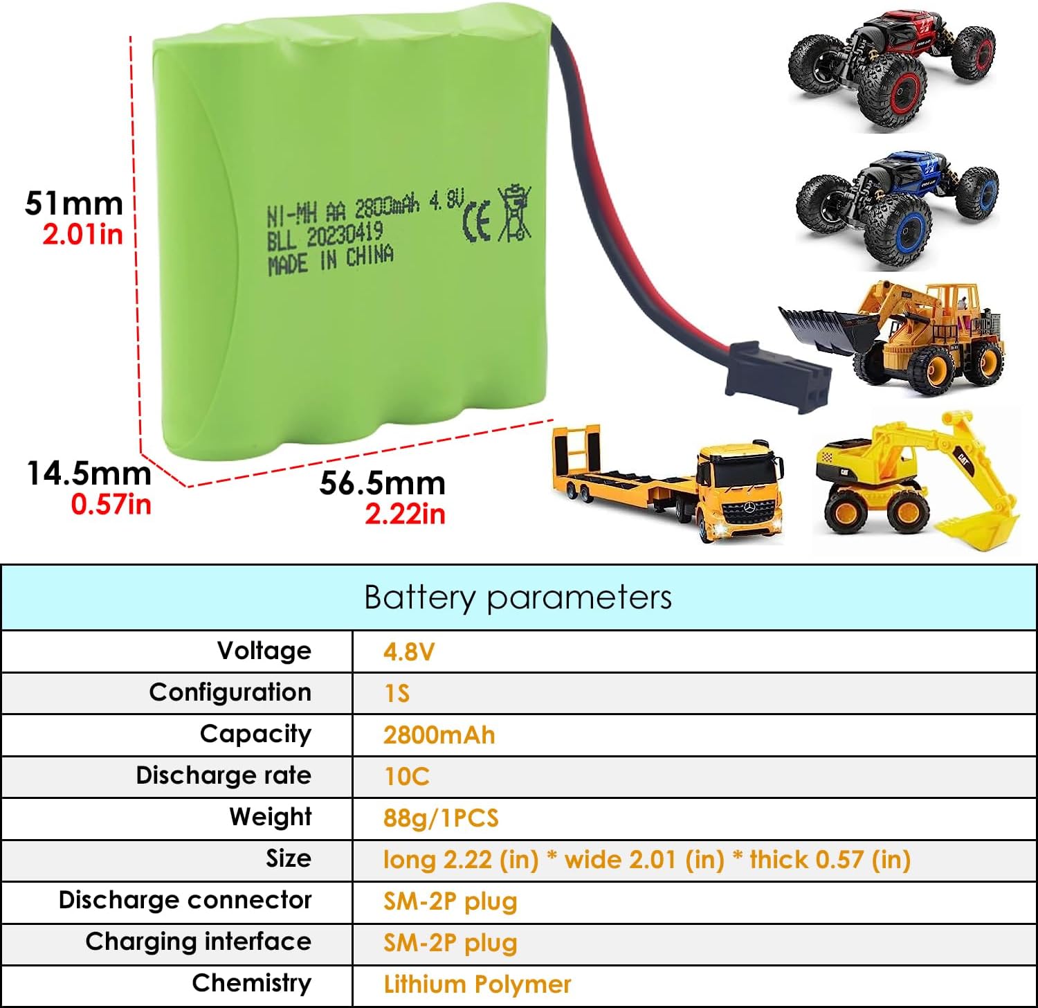 PUOO Batería recargable AA de 4.8 V 2800 mAh con enchufe SM-2P y cable de carga USB para SY-E511 RC Excavadora Camión Ingeniería Vehículo E562 TD141