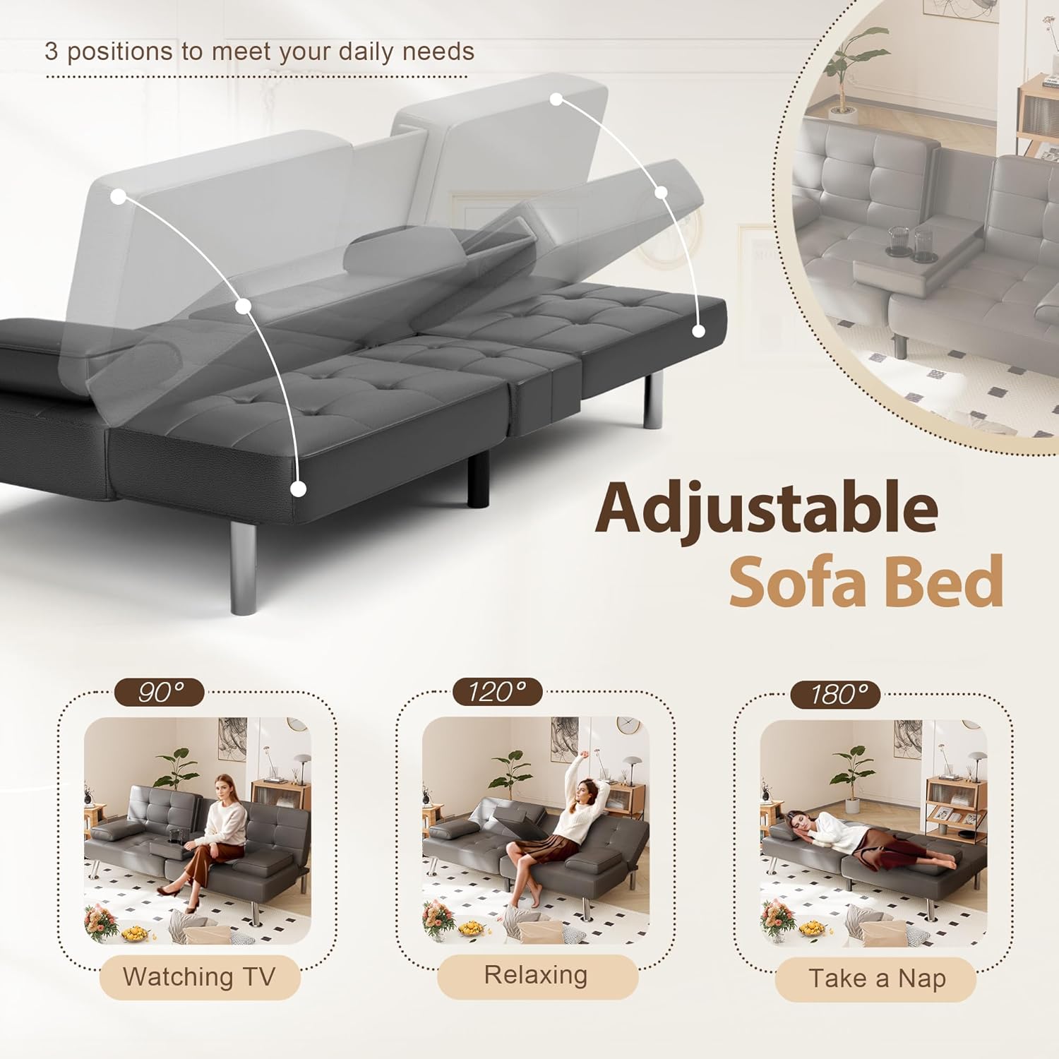 Sofá cama tipo futón plegable convertible para sala de estar, sofá biplaza tapizado de piel sintética con reposabrazos extraíbles, patas de metal, 2