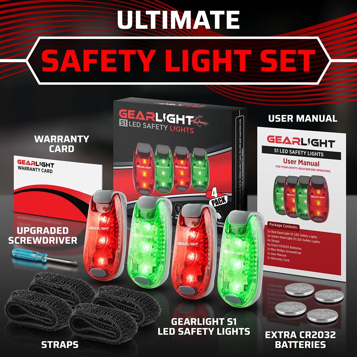 GearLight Luces LED de seguridad S1 (paquete de 4) para barco, kayak, bicicleta, collar de perro, cochecito, corredores y correr nocturno, con clip,