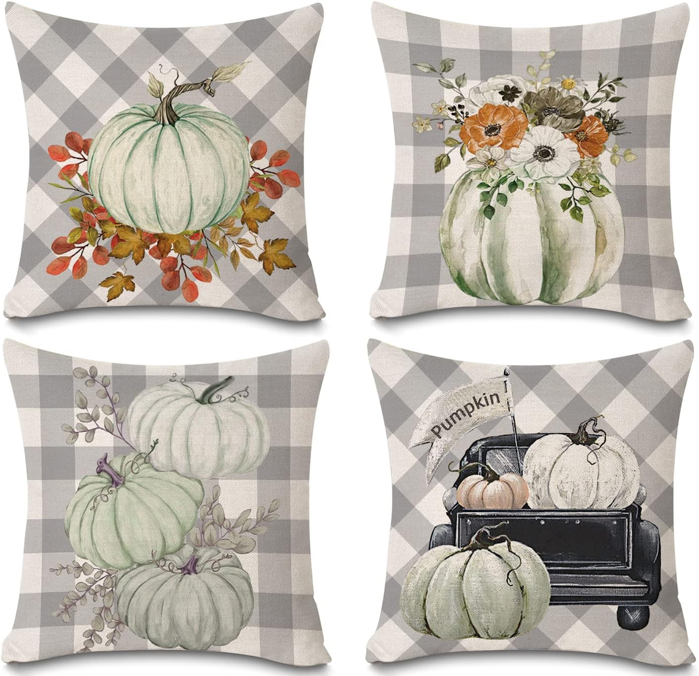 Juego de 4 fundas de almohada de otoño de 18 x 18 pulgadas, diseño de búfalo gris, acuarela, calabaza, camión, casa de campo, flores de eucalipto,