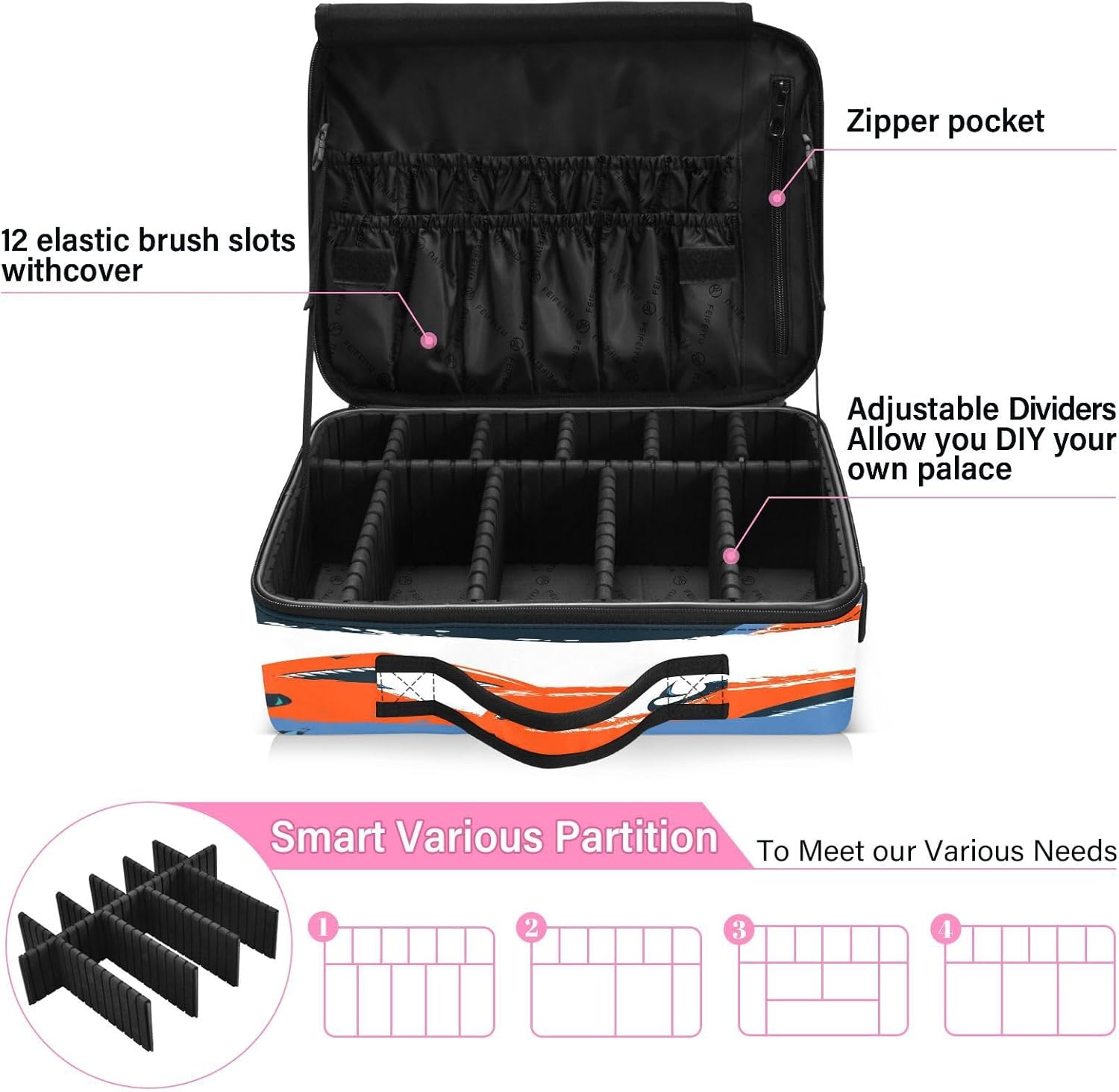 Bolsa de cosméticos roja de dibujos animados de tiburón, bolsa de viaje grande con compartimentos, bolsa de maquillaje portátil, neceser de viaje