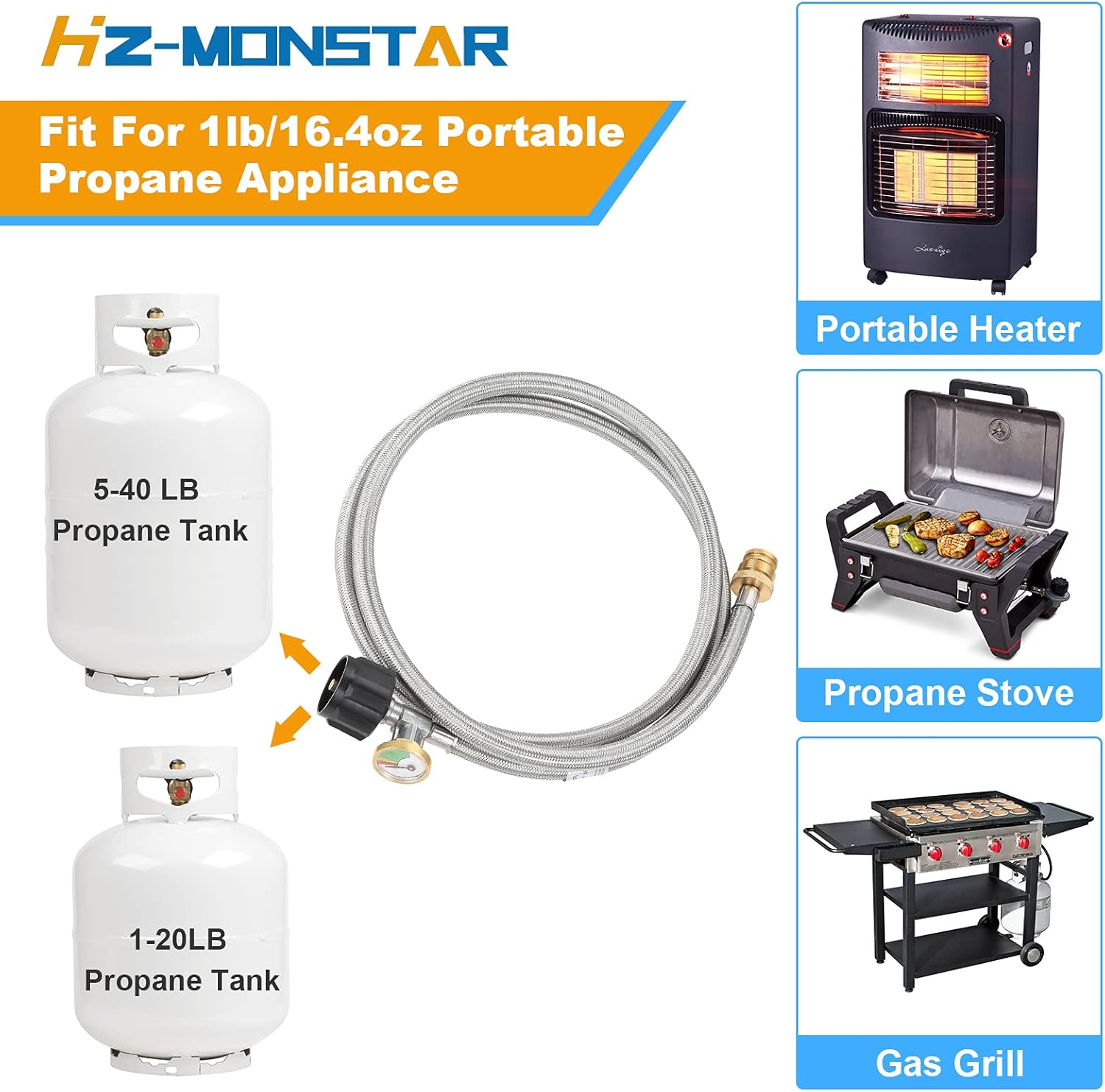 Adaptador de manguera de propano de 6 pies de 1 libra a 20 libras con adaptador de manguera de propano trenzado de acero inoxidable para tanque