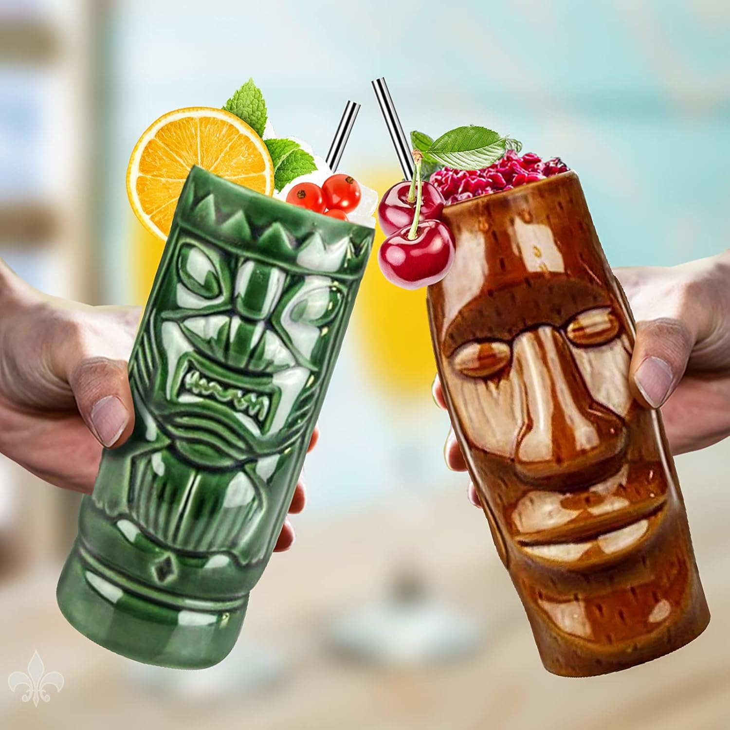 TKSET0011 – Juego de 4 tazas de cóctel hawaianas de cerámica grandes, vasos de cóctel exóticos, Tiki Bar profesional hawaiano para fiestas