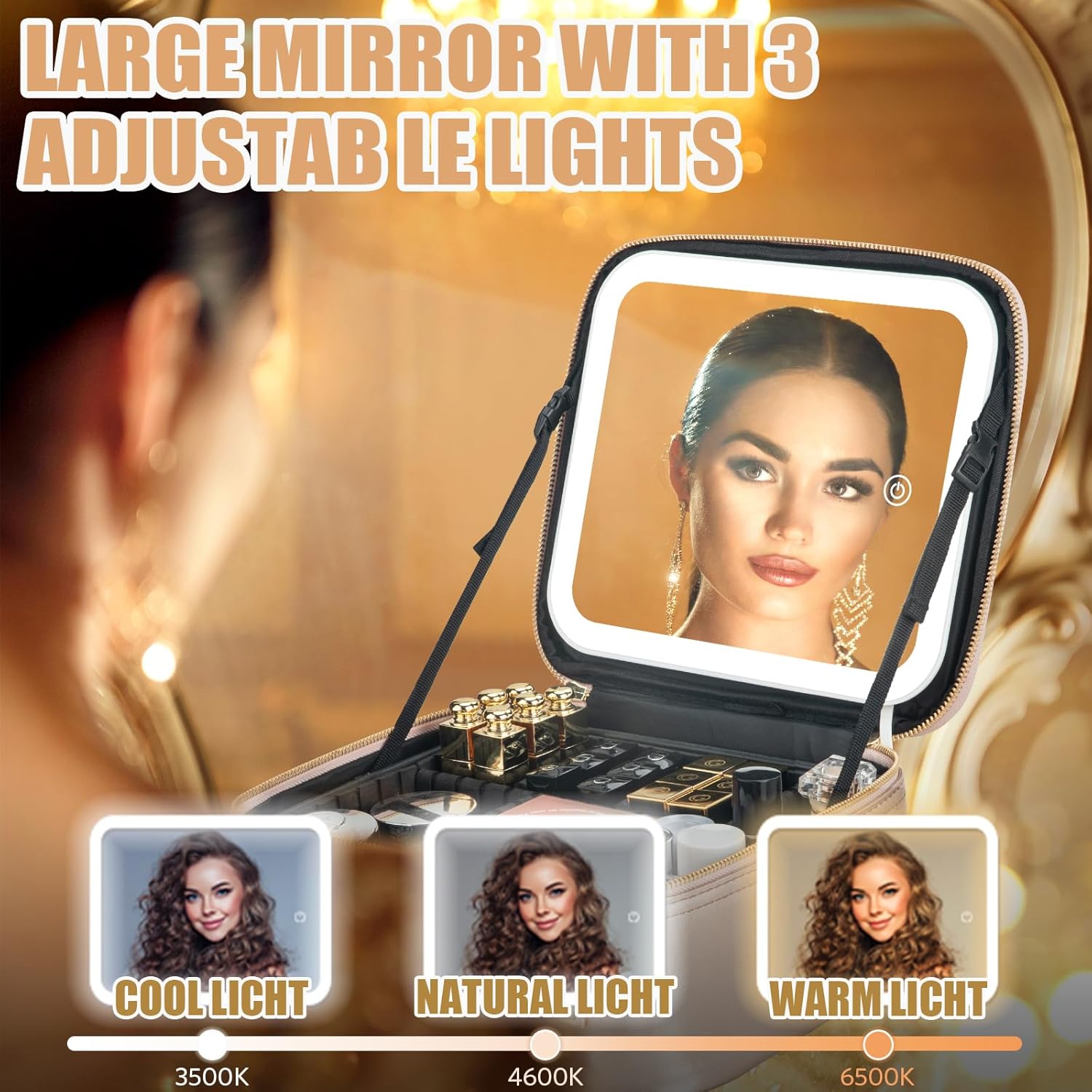 Bolsa de viaje de maquillaje con espejo iluminado LED, brillo ajustable, estuche de maquillaje portátil impermeable con divisores ajustables,