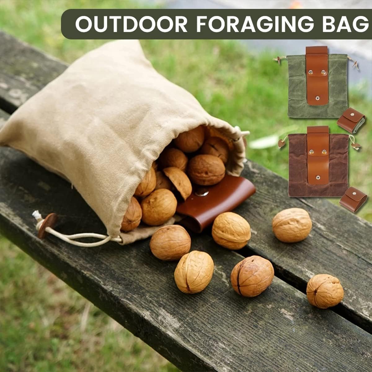 ASENIE Bolsa de forrajeo de lona encerada plegable para acampar al aire libre, bolsa de forrajeo para almacenamiento de hongos, de cuero, resistente