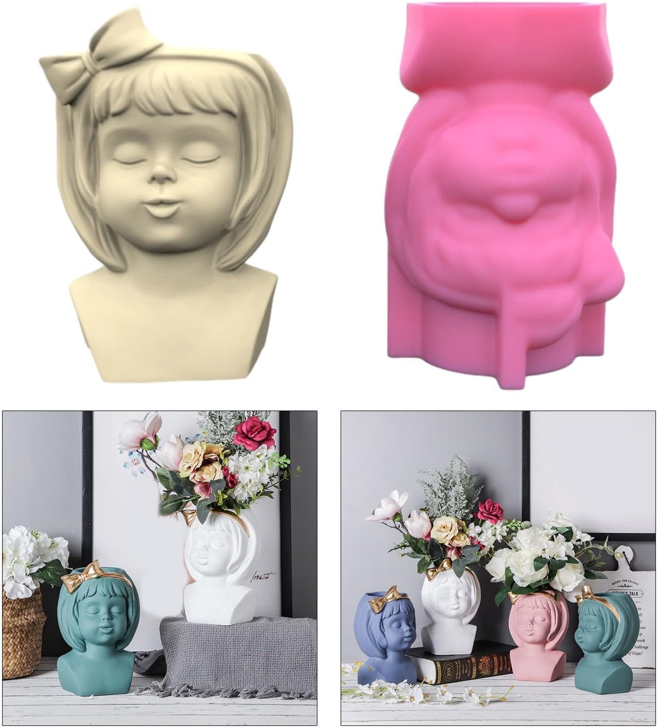 Bowknot Girl Flower Pot Molde de silicona Molde de concreto Candelabro de resina Molde de bricolaje para macetas suculentas Moldes de decoración de