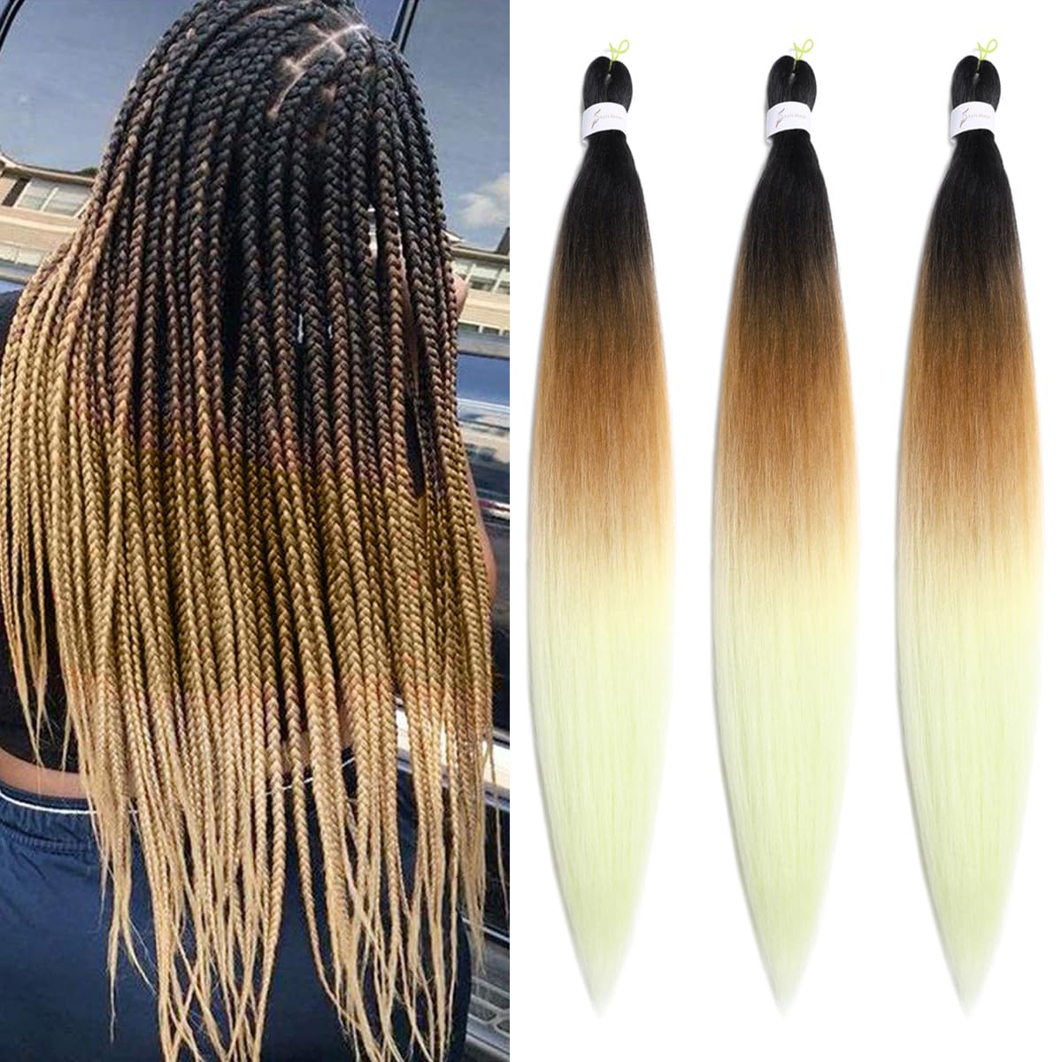 Cabello trenzado preestirado de 26 pulgadas, 3 paquetes de cabello sintético profesional ombré, trenzado con agua caliente, ajuste fácil de