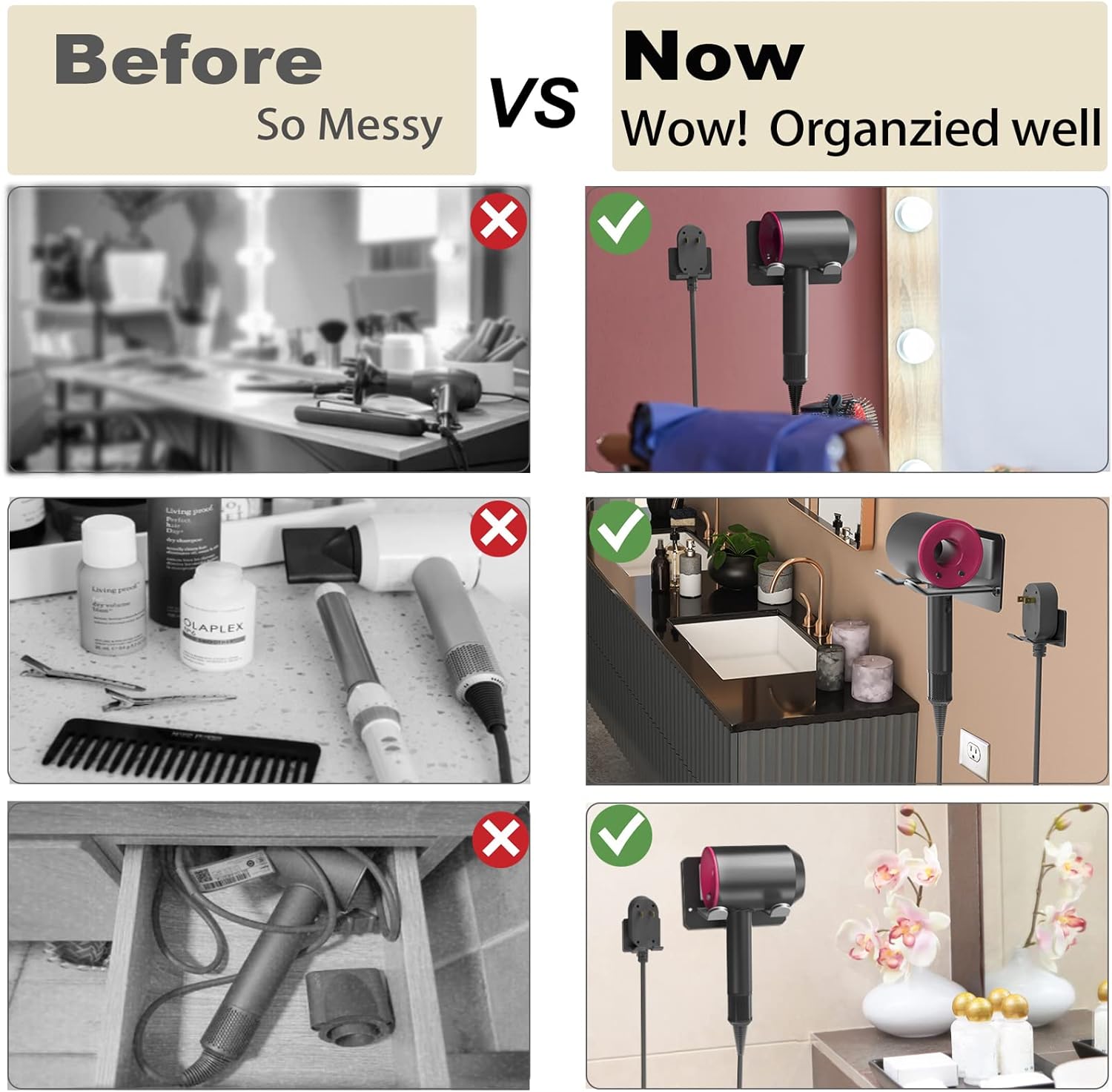Soporte adhesivo para secador de pelo de montaje en pared, organizador adhesivo para secador de pelo, compatible con secadores de pelo Dyson (negro)