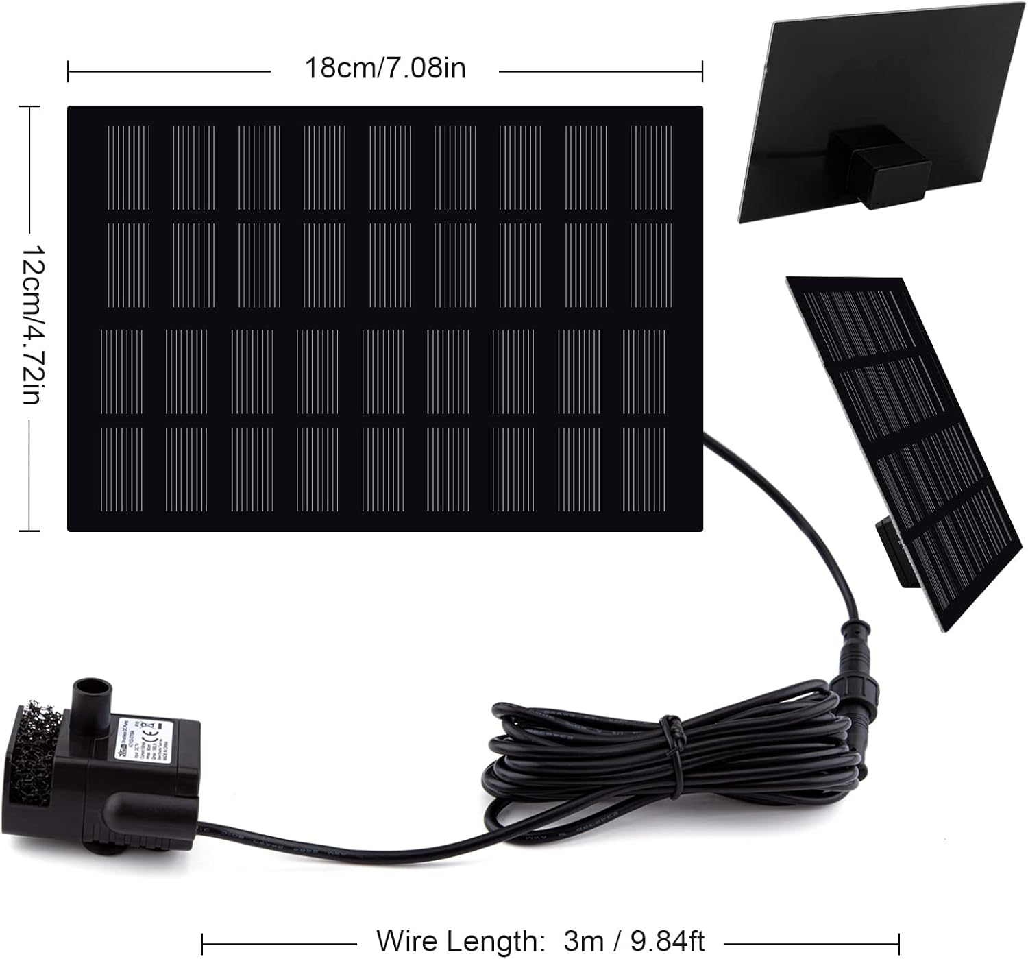 Bomba de fuente solar para baño de pájaros, con panel solar separado, bomba de agua solar mejorada de 2 W con cable de 3 M de largo y 4 boquillas