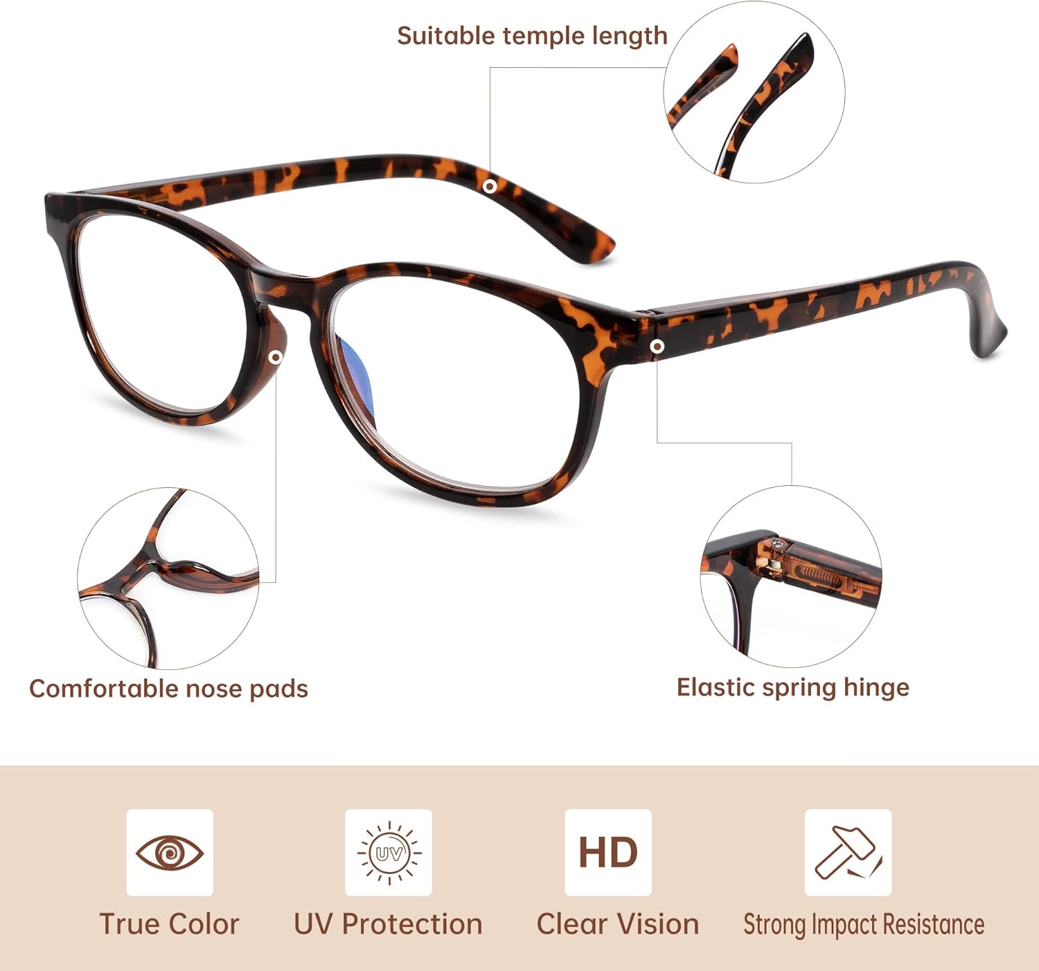 EYEGUARD Gafas de lectura con luz azul, paquete de 4 lectores de bisagra de resorte de moda para mujer