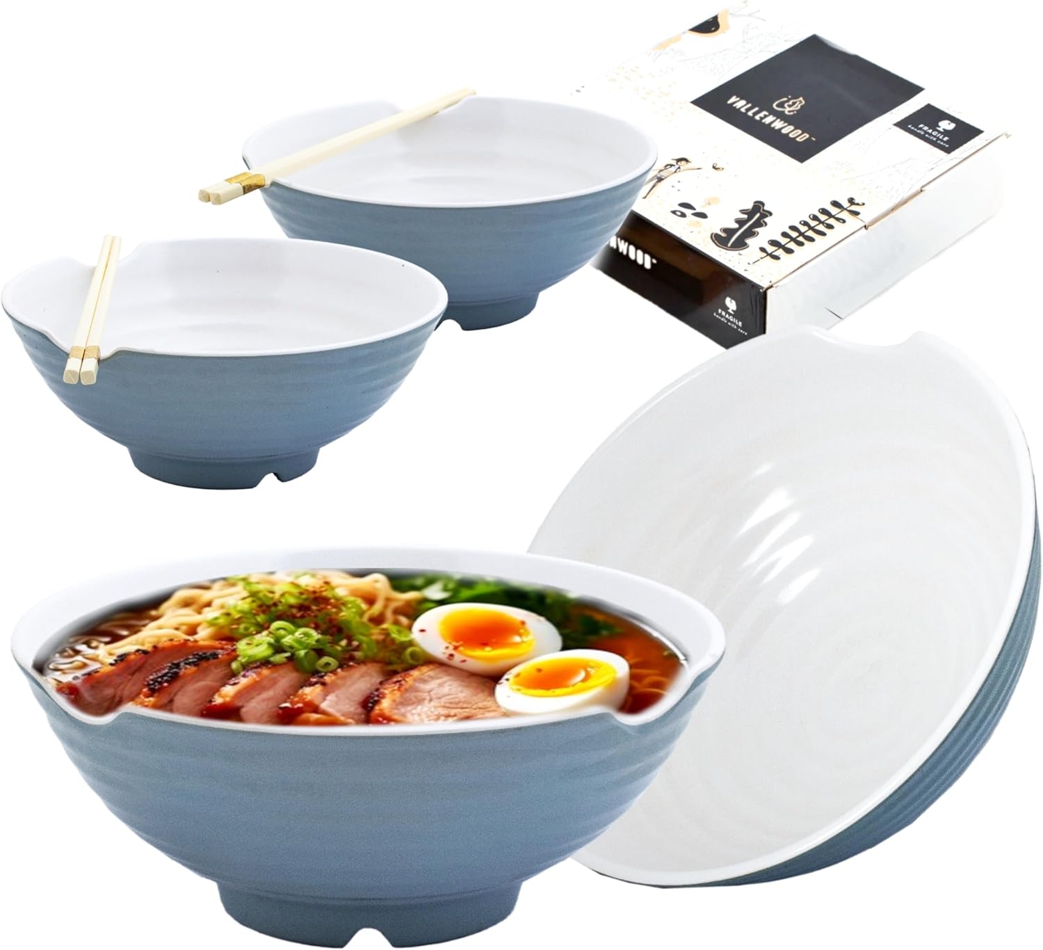 Juego de 4 tazones de color gris blanco y gris, 12 tazones de ramen. Sopa japonesa asiática con cucharas y palillos. Melamina de calidad de
