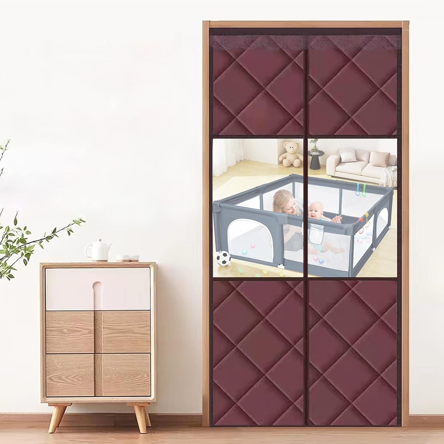 Cortina magnética para puerta con aislamiento térmico, puerta aislante con paneles visibles, apertura central, manos libres, cierre automático,