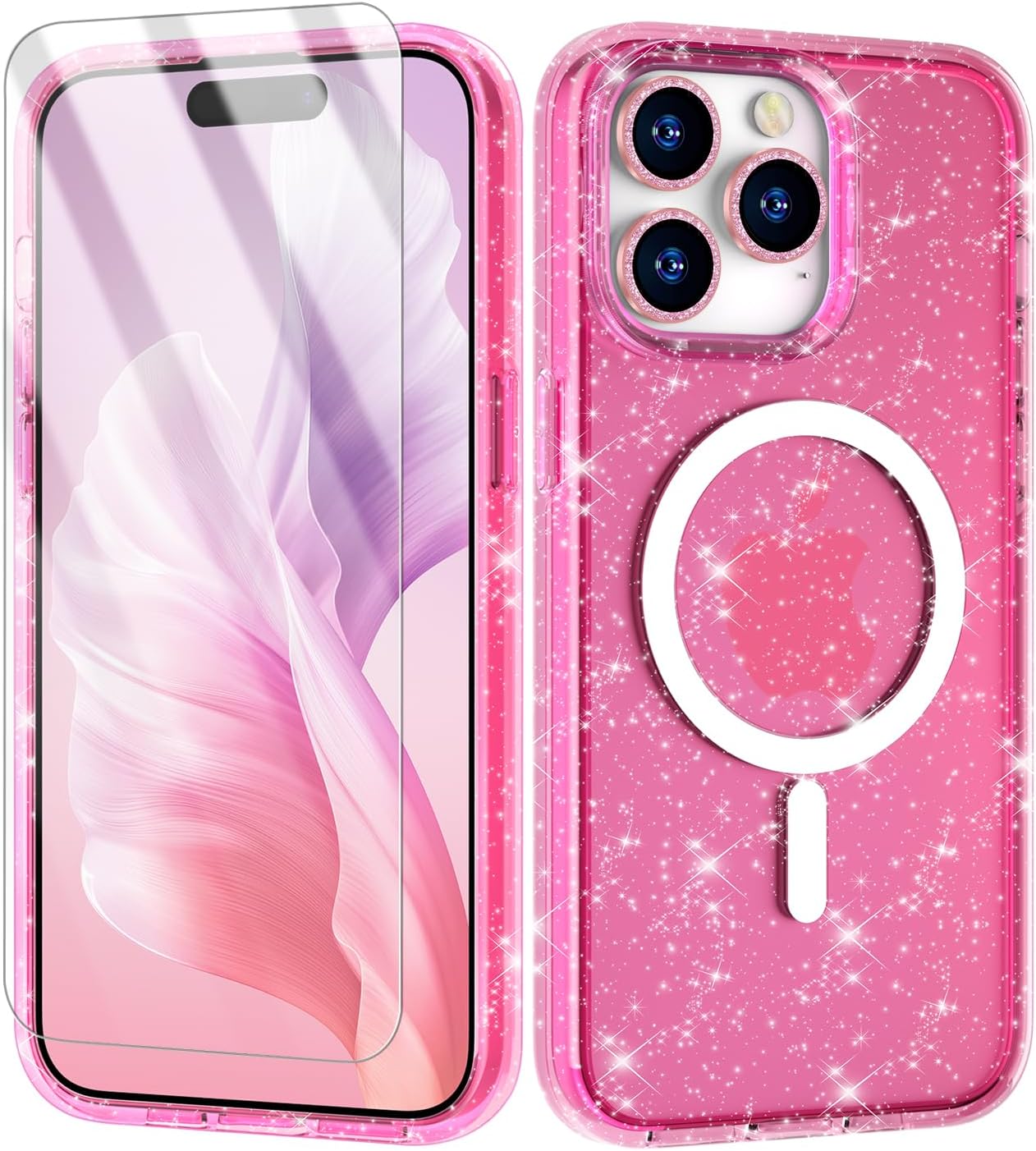 Meshine Funda magnética brillante para iPhone 15 Pro Max compatible con MagSafe, 2 protectores de pantalla y 2 protectores de lente de cámara de