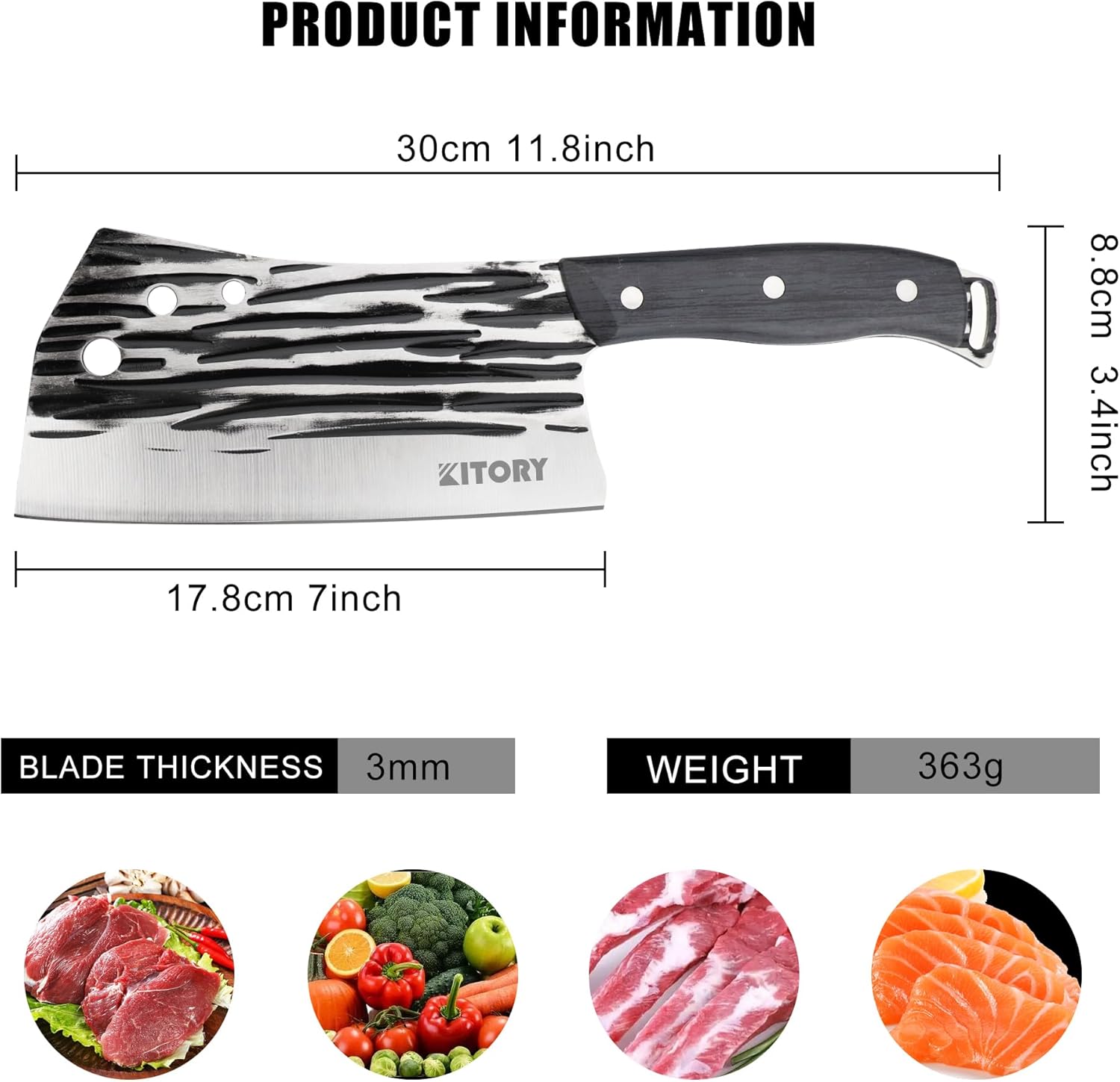 Kitory Cuchillo chino de espiga completa de 7 pulgadas, cuchillo de cocina de acero inoxidable de alto carbono con protector de hoja para cortar