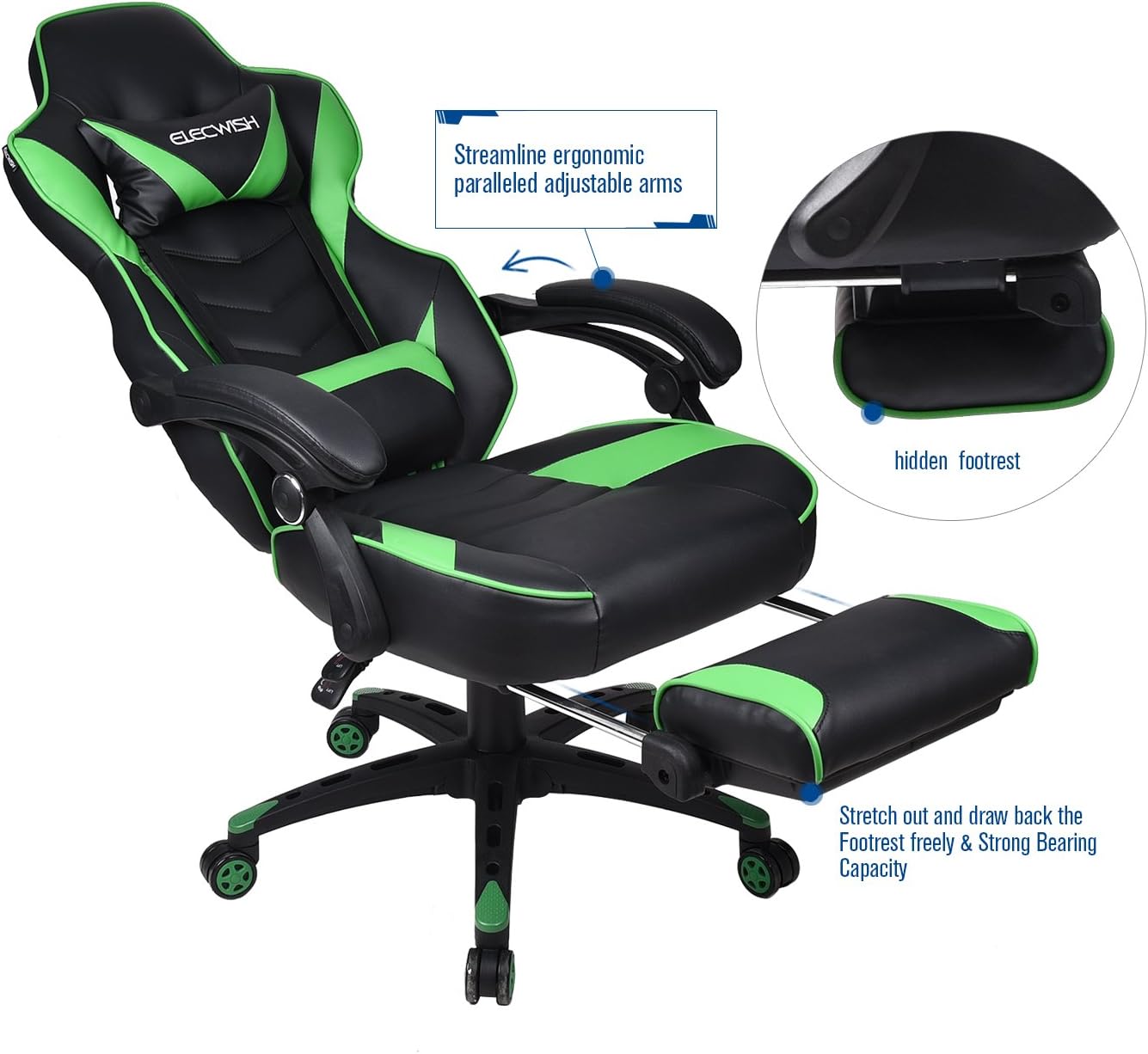 Silla de videojuegos para oficina de carreras  reclinable de piel sintética con respaldo alto, ergonómica, ajustable y giratoria, escritorio