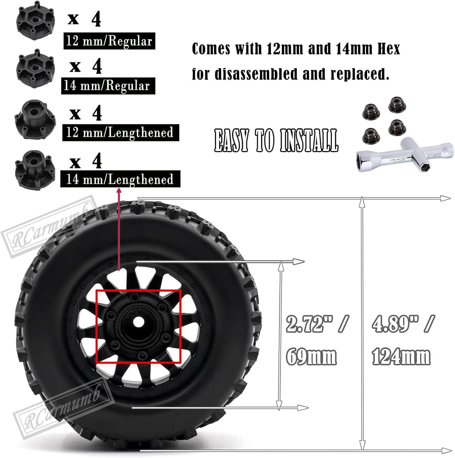 Rueda hexagonal de 0.472 in0.551 in para camiones RC 110 Arrm a Granite Vorteks Big Rock, Rustler Stampede HossAxia1 LOS1 Redcat Rc4wd, 4 neumáticos