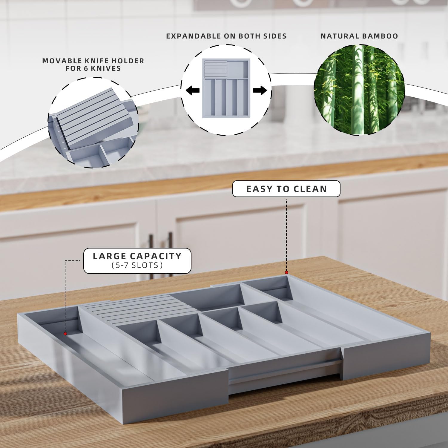 Organizador grande de cajones de utensilios con divisor  Soporte extraíble para cuchillos de cocina, organizador de cubiertos ajustable de bambú