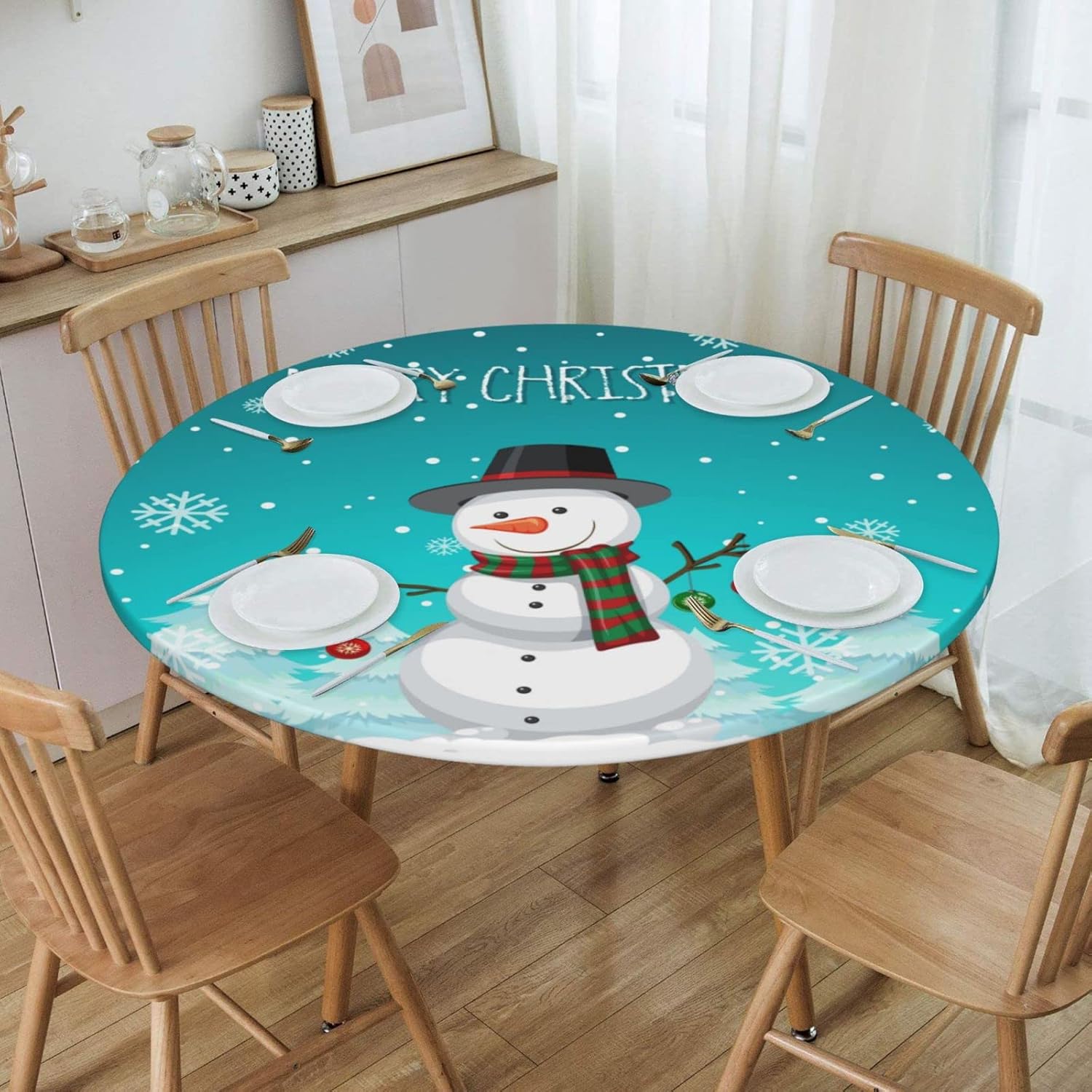 Fiokroo Mantel de invierno de Navidad con borde elástico, mantel redondo de Navidad, lavable, reutilizable, para cocina, comedor, fiesta, picnic,