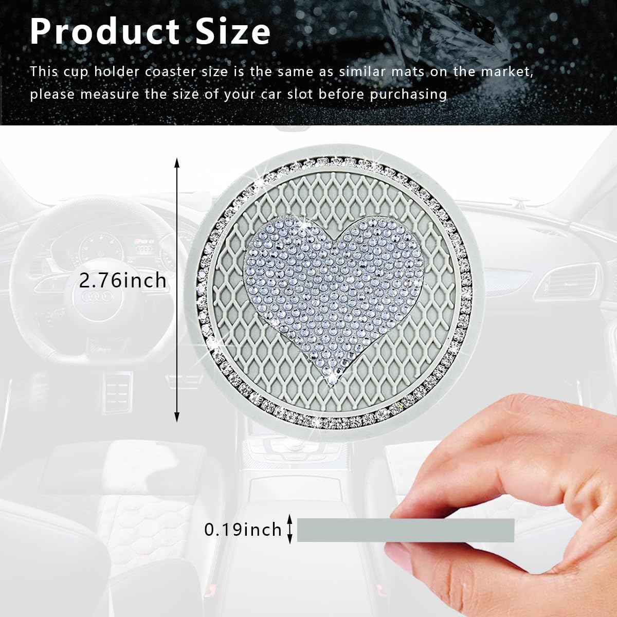 Paquete de 2 posavasos brillantes para automóvil y 1 funda para botón de inicio y parada, tapete de cristal de corazón de 2.75 pulgadas, accesorios