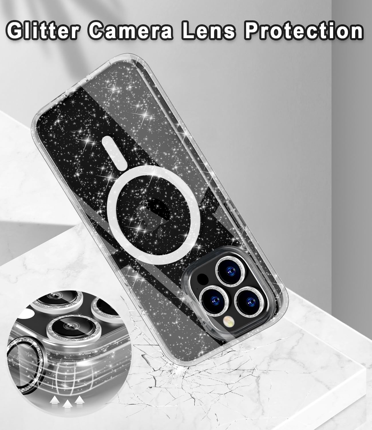 Funda magnética brillante para iPhone 15 Pro Max compatible con MagSafe, 2 protectores de pantalla y 2 protectores de lente de cámara de diamante,