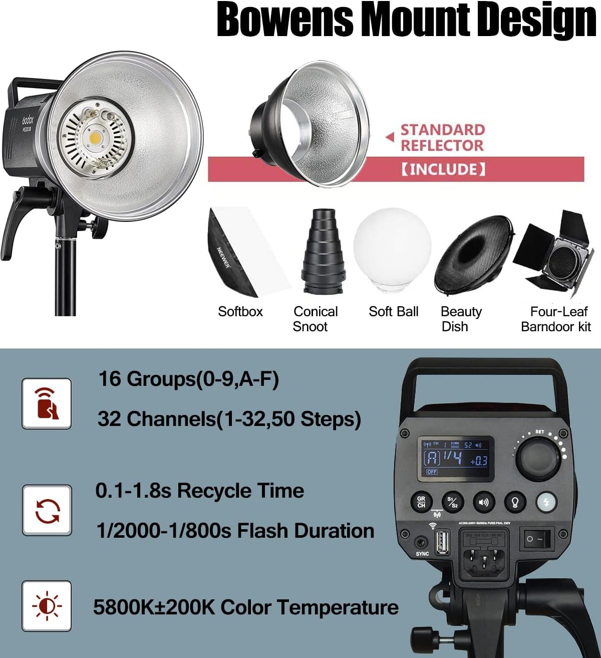Godox Juego de 2 luces estroboscópicas MS300V 600W para estudio, 2.4G Bowens Mount Lighting Flash GN58 5800K con disparador AT-16, soportes de luz,