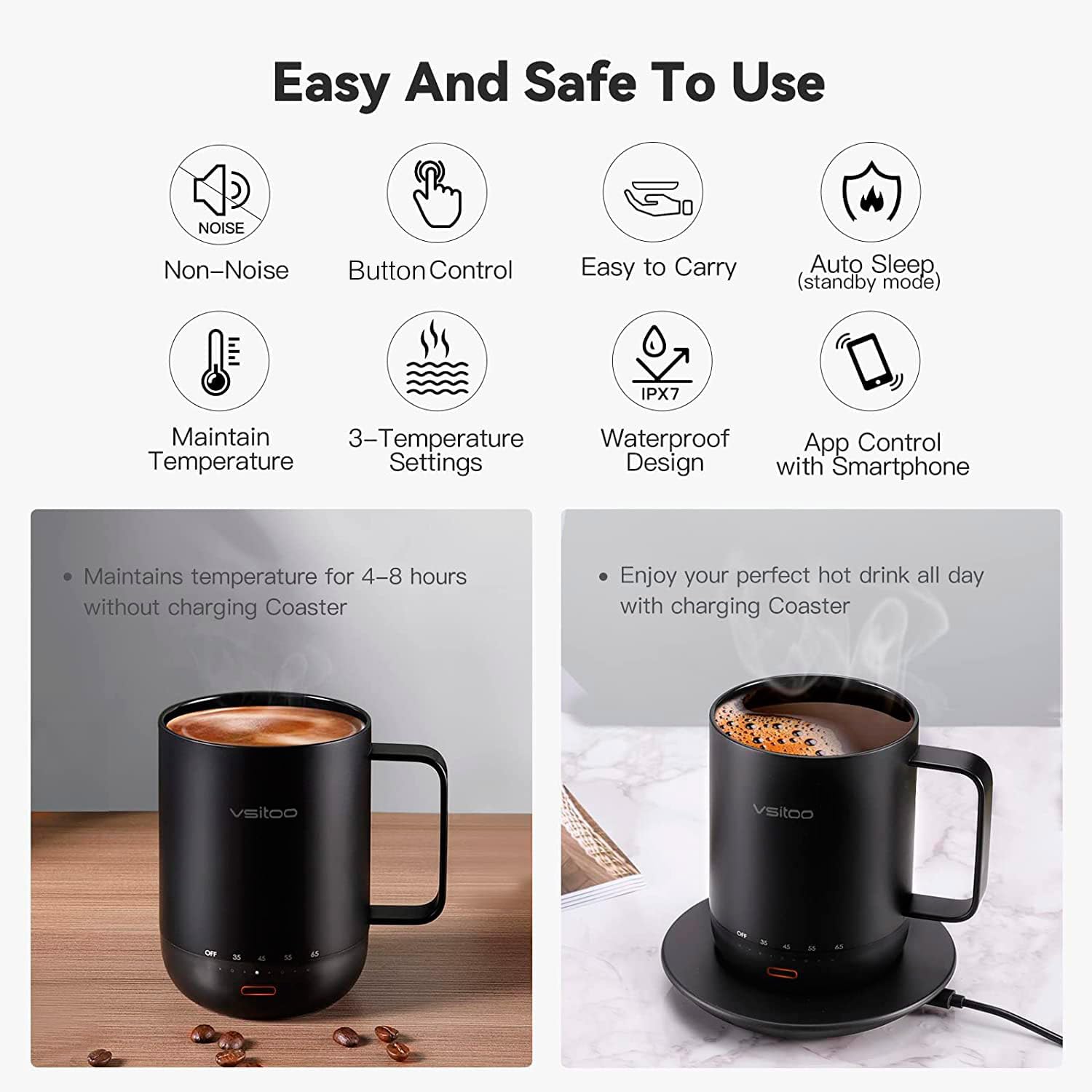 vsitoo S3pro – Taza inteligente de control de temperatura 2 con tapa, taza de café autocalentable de 14 onzas, duración de la batería de 90 minutos,