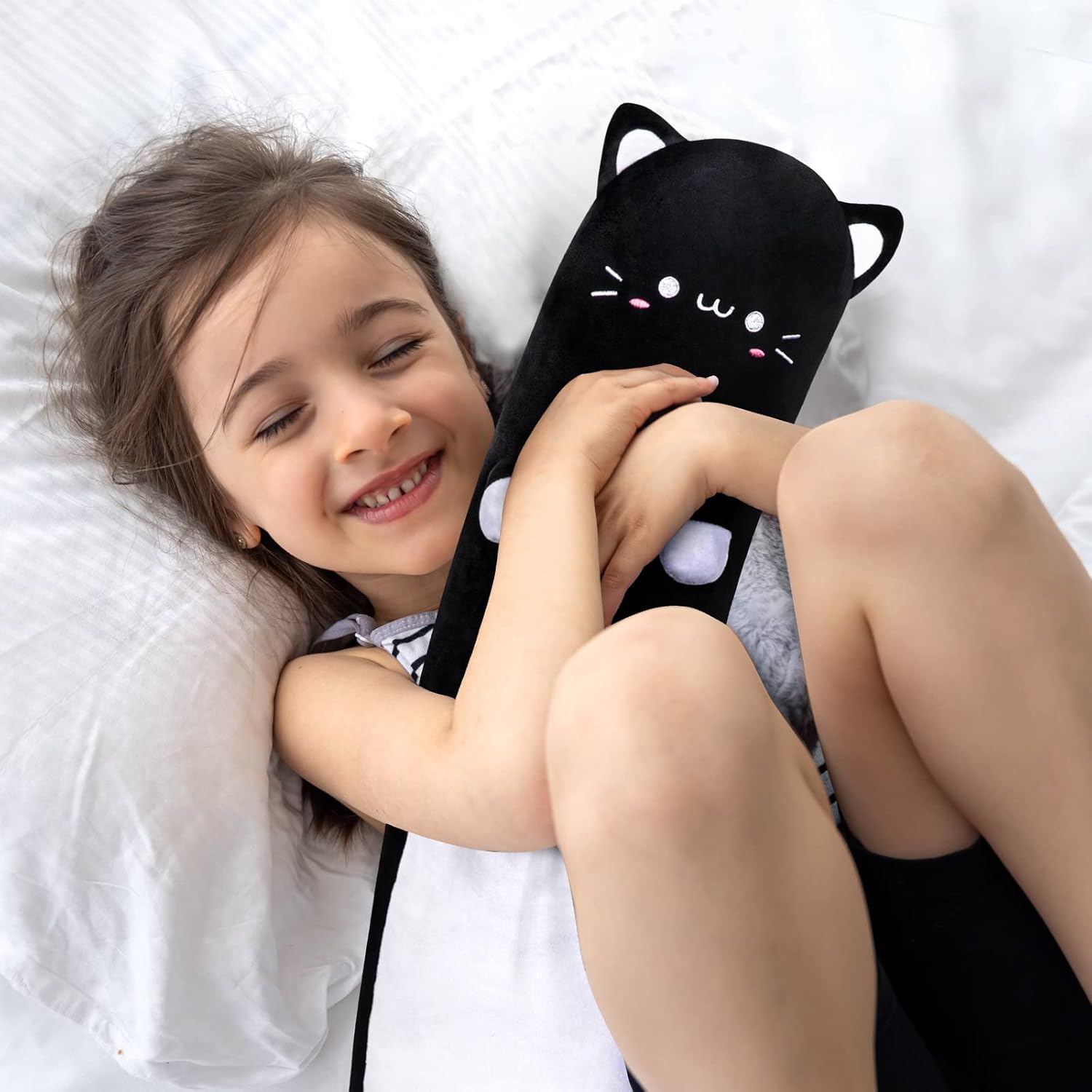 Almohada larga de peluche con forma de gato  Almohada esponjosa de animales de peluche de gato negro de 35 pulgadas, bonita almohada de peluche para