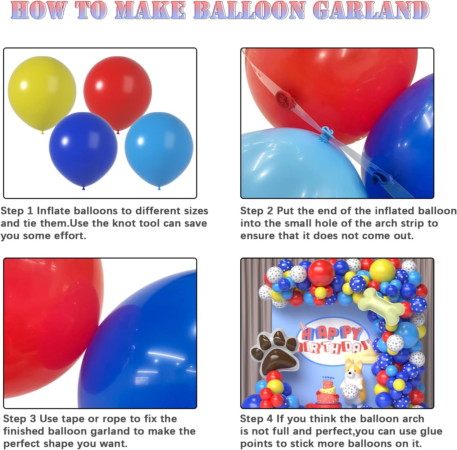 Kit de guirnalda de globos de cumpleaños con patas de perro rojas, amarillas, azules, globos manchados azules y globos de papel de aluminio de hueso