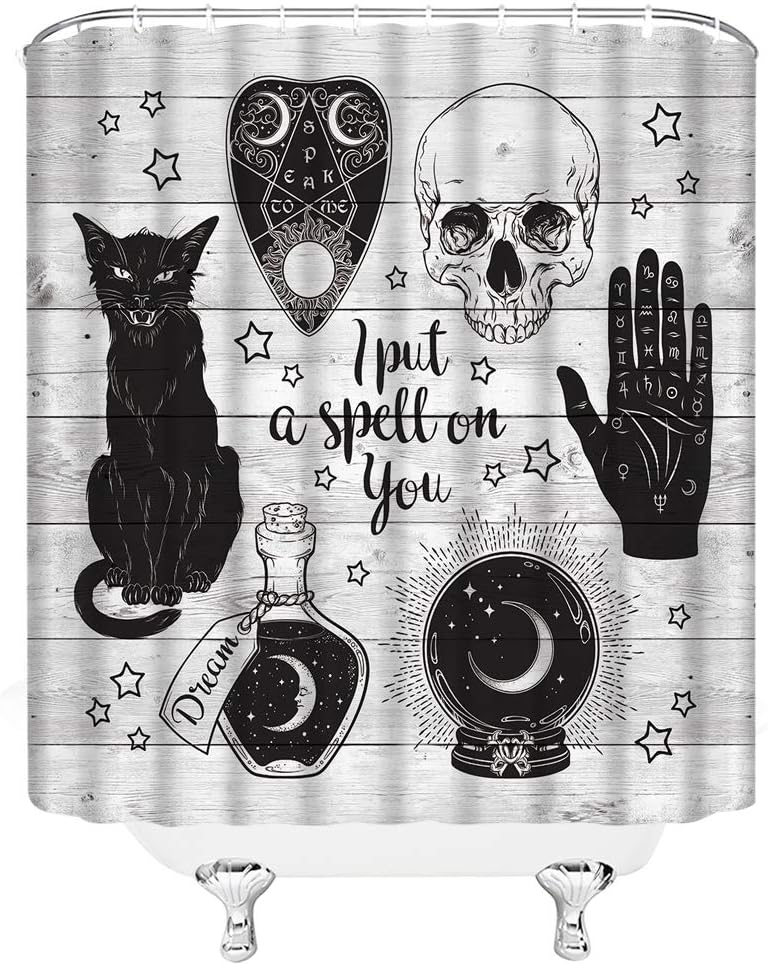 Cortina de ducha con diseño de calavera de gato negro Ouija, con cita de miedo, de madera rústica, magia, brujería, alquimia, ilustración gótica,