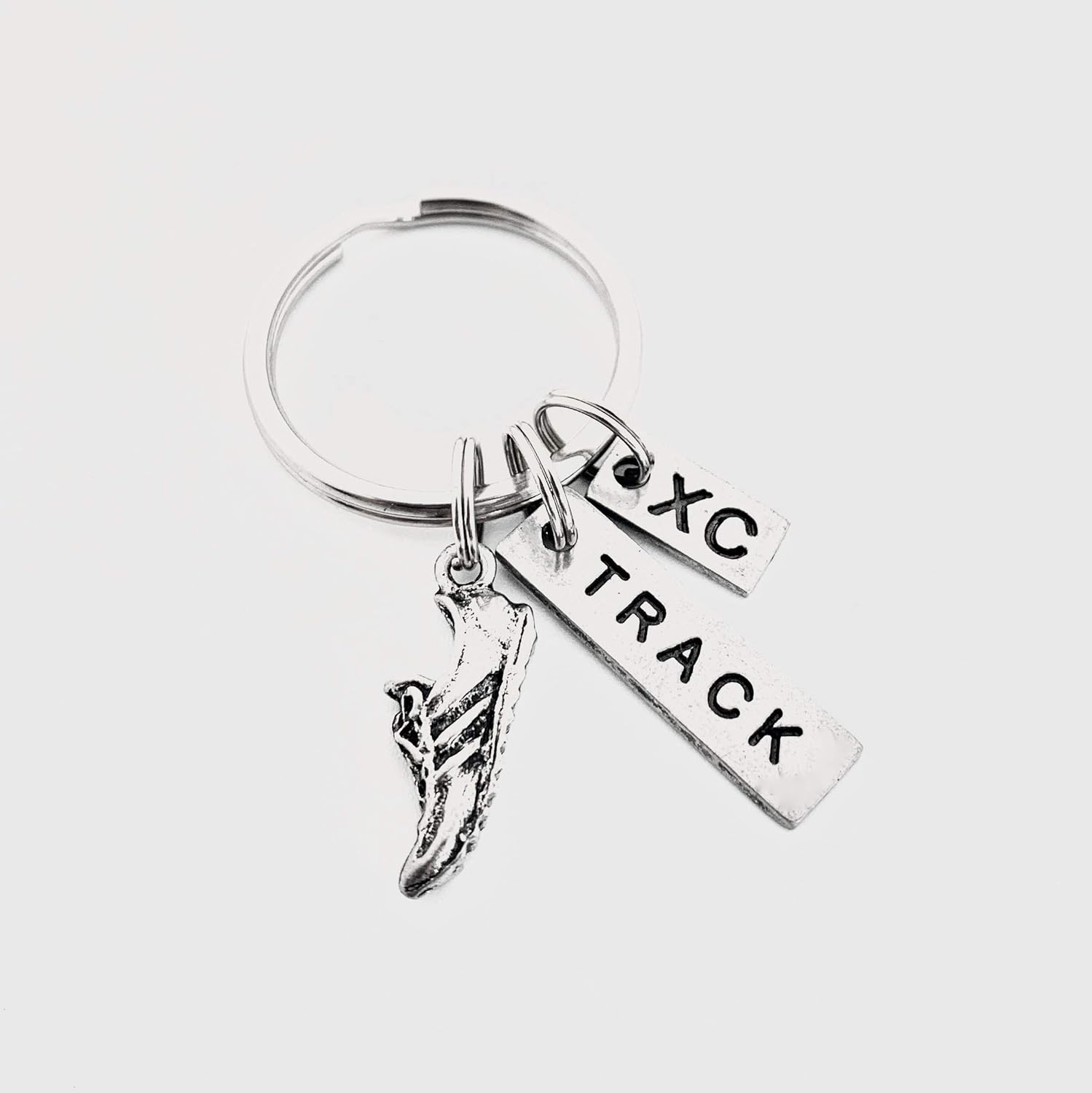 Pewter RUN TRACK XC Key Chain – Pewter Running Shoe Charm, Pewter TRACK Pendant and Pewter XC Charm on Round Key Ring – All Pewter Key