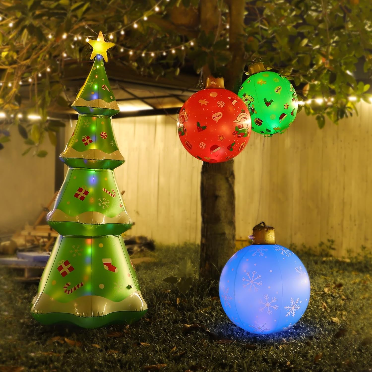JOSEN Bola de Navidad inflable con luz solar, PVC, decoración de Navidad al aire libre, 24 pulgadas, adornos inflables grandes de Navidad gigantes