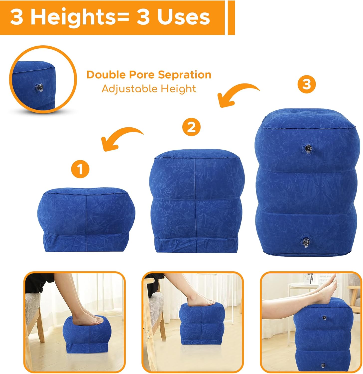 ENIE Paquete de 1 reposapiés inflable para viajes aéreos, ajustable de tres capas para avión de viaje con bomba de mano, cama inflable ajustable