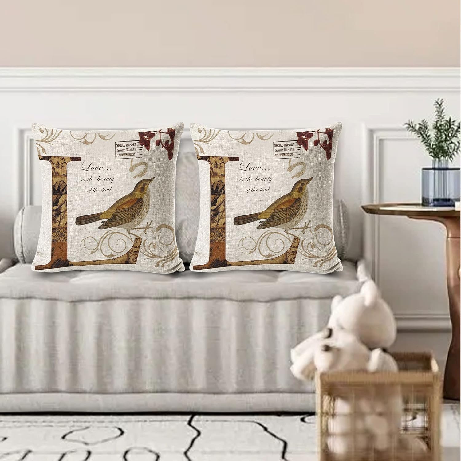 Fundas de almohada otoñales con diseño de pájaros de amor, Halloween, sofá, dormitorio, exterior, letras del alfabeto, 18 x 18 pulgadas, funda