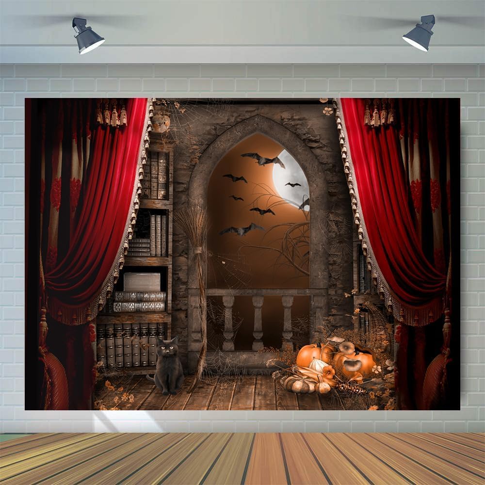 WOLADA Telón de fondo escolar de castillo mágico de 7 x 5 pies, telón de fondo para Halloween, fondo de libro mágico, luna, bruja mago, escuela,