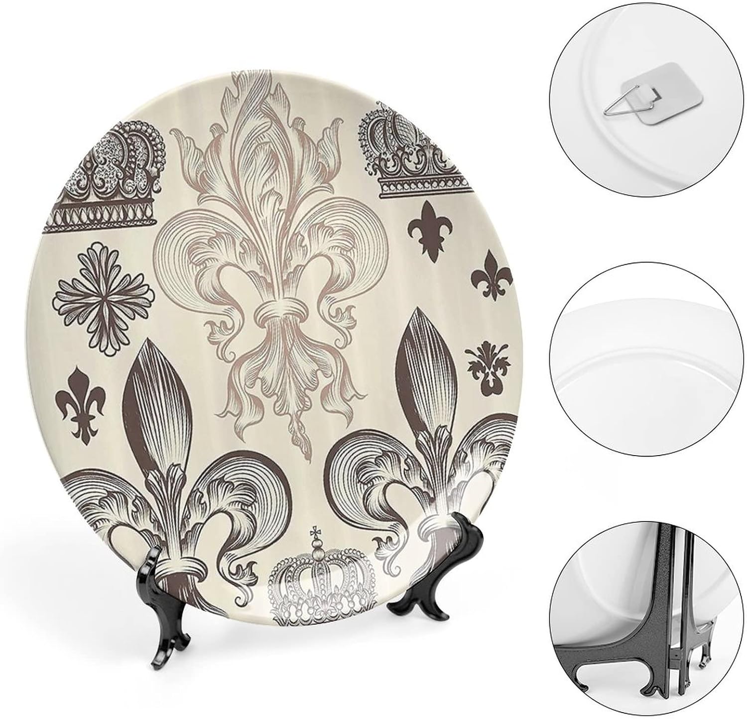 Plato decorativo de 6 pulgadas, plato de cena de flor de lis, patrón heráldico, escudo de armas, placa de exhibición de adorno para mesa de comedor,