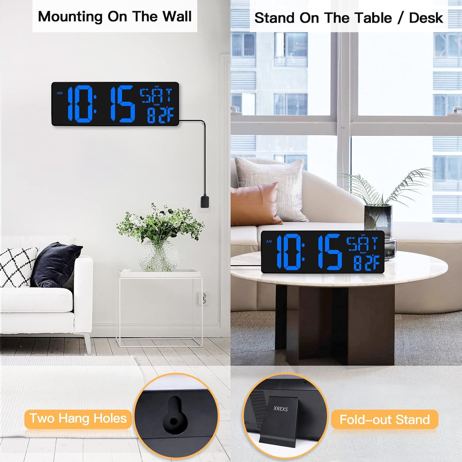 XREXS Reloj de pared digital grande con control remoto, pantalla LED de 16.5 pulgadas, temporizador de cuenta arriba y abajo, brillo ajustable,