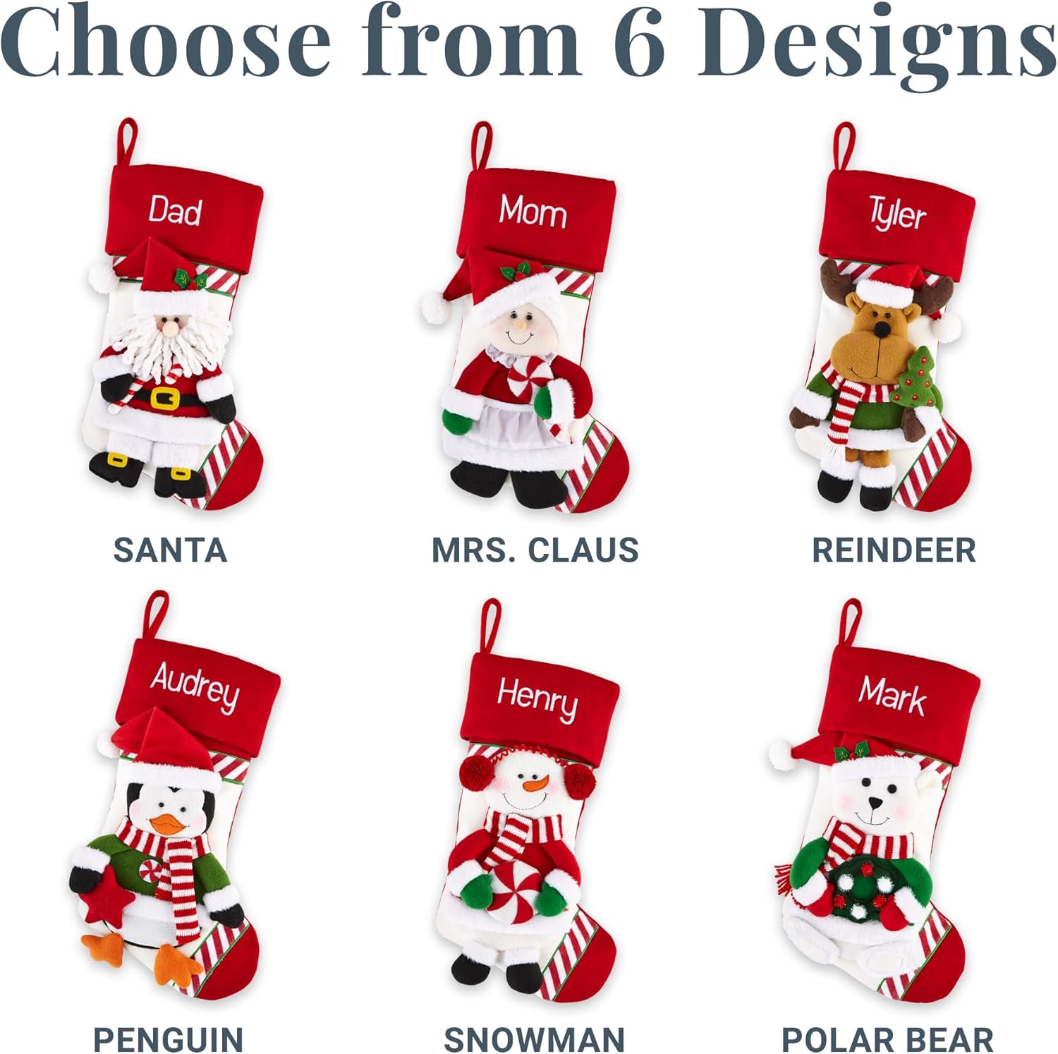 Let’s Make Memories Calcetín de Navidad personalizado, familia de bastones de caramelo, medias para la familia, bordados, felpa 3D, decoración de
