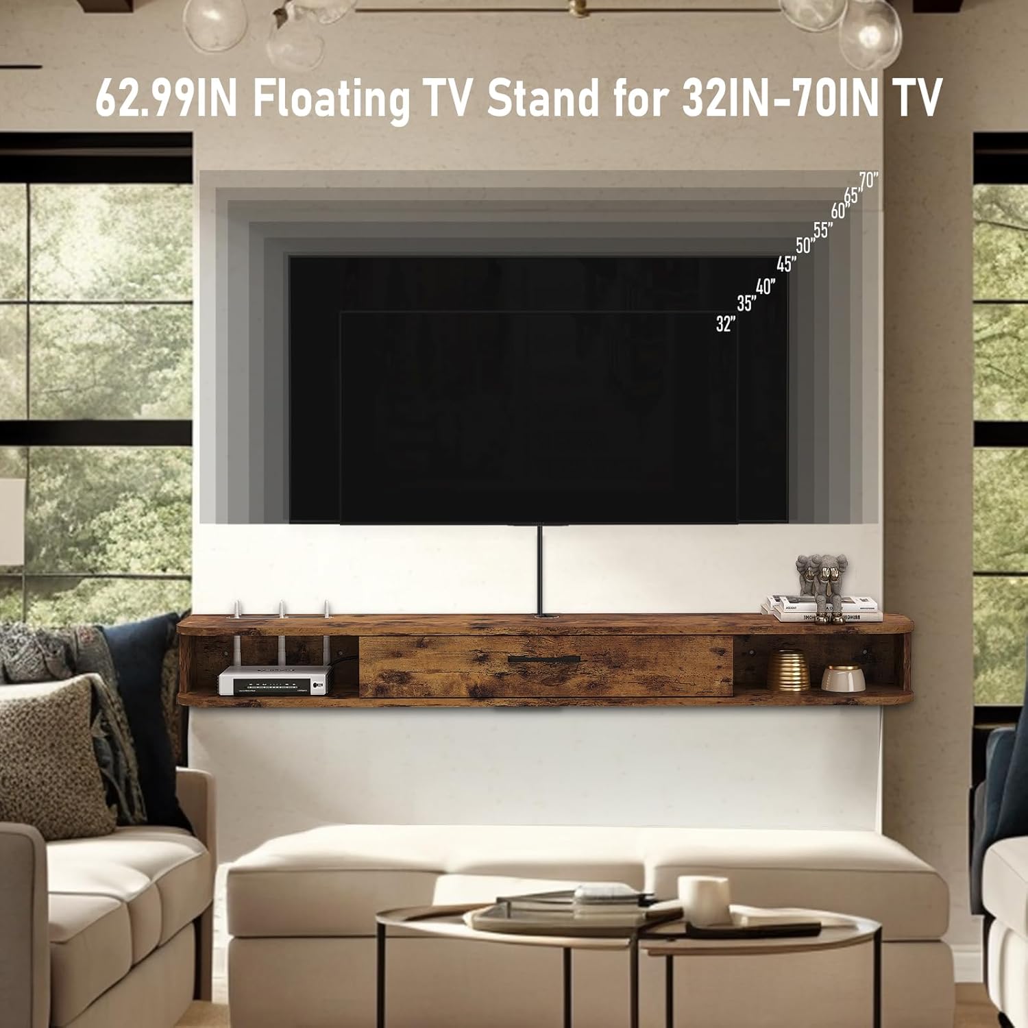 Unidad de TV flotante, mueble de TV montado en la pared de 63 pulgadas, estantes flotantes con puerta, centro de consola multimedia de