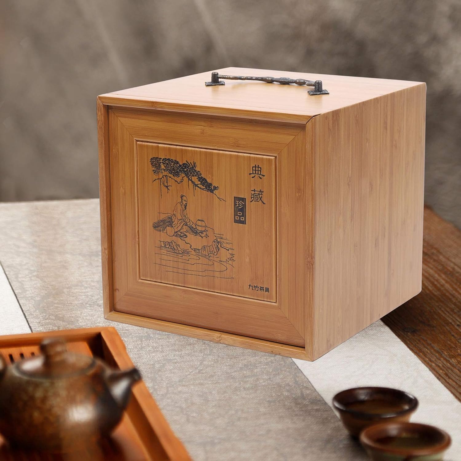 Caja de té de bambú natural de 5 capas, organizadores de té de madera y almacenamiento, gran baúl de té de madera con cajón deslizante para té Pu’er