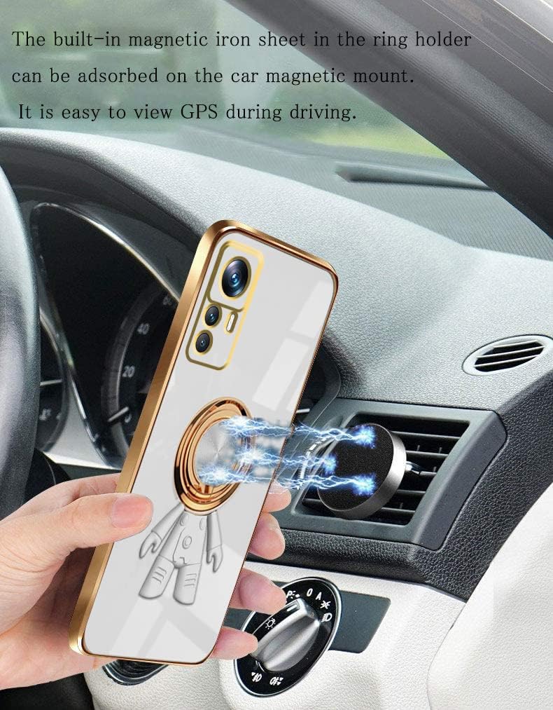 Compatible con Xiaomi 12T Pro Funda con soporte de anillo chapado patrón astronauta Soporte de anillo giratorio de 360  negro, funda para teléfono