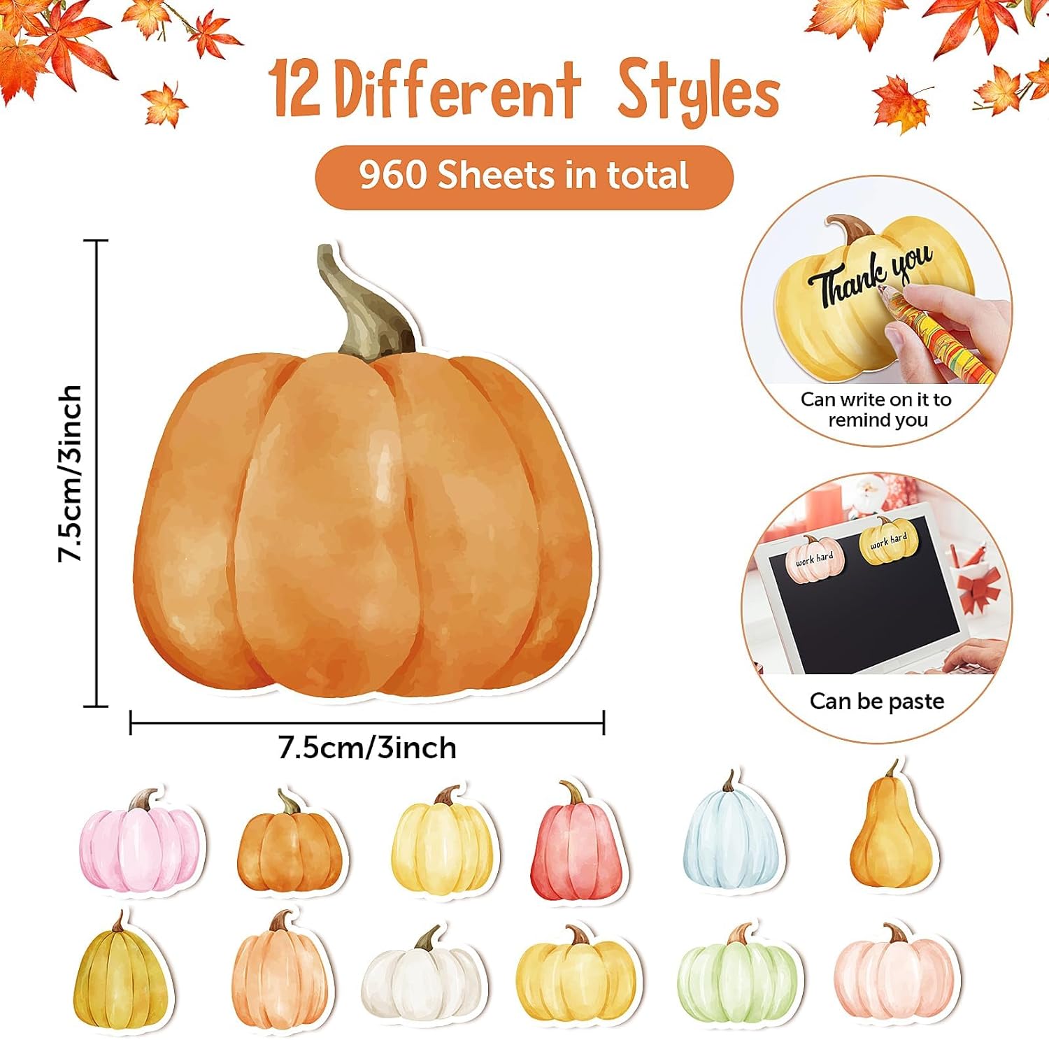 48 notas adhesivas de calabaza bohemia con forma de calabaza de acuarela colorida autoadhesivas, extraíbles, notas de estudio para escuela, oficina,