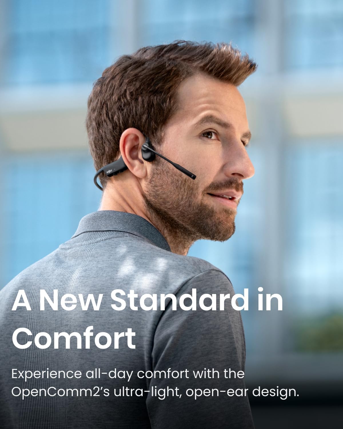 SHOKZ OpenComm2 Auriculares de conducción ósea de oído abierto, auriculares inalámbricos Bluetooth para computadora con micrófono de cancelación de