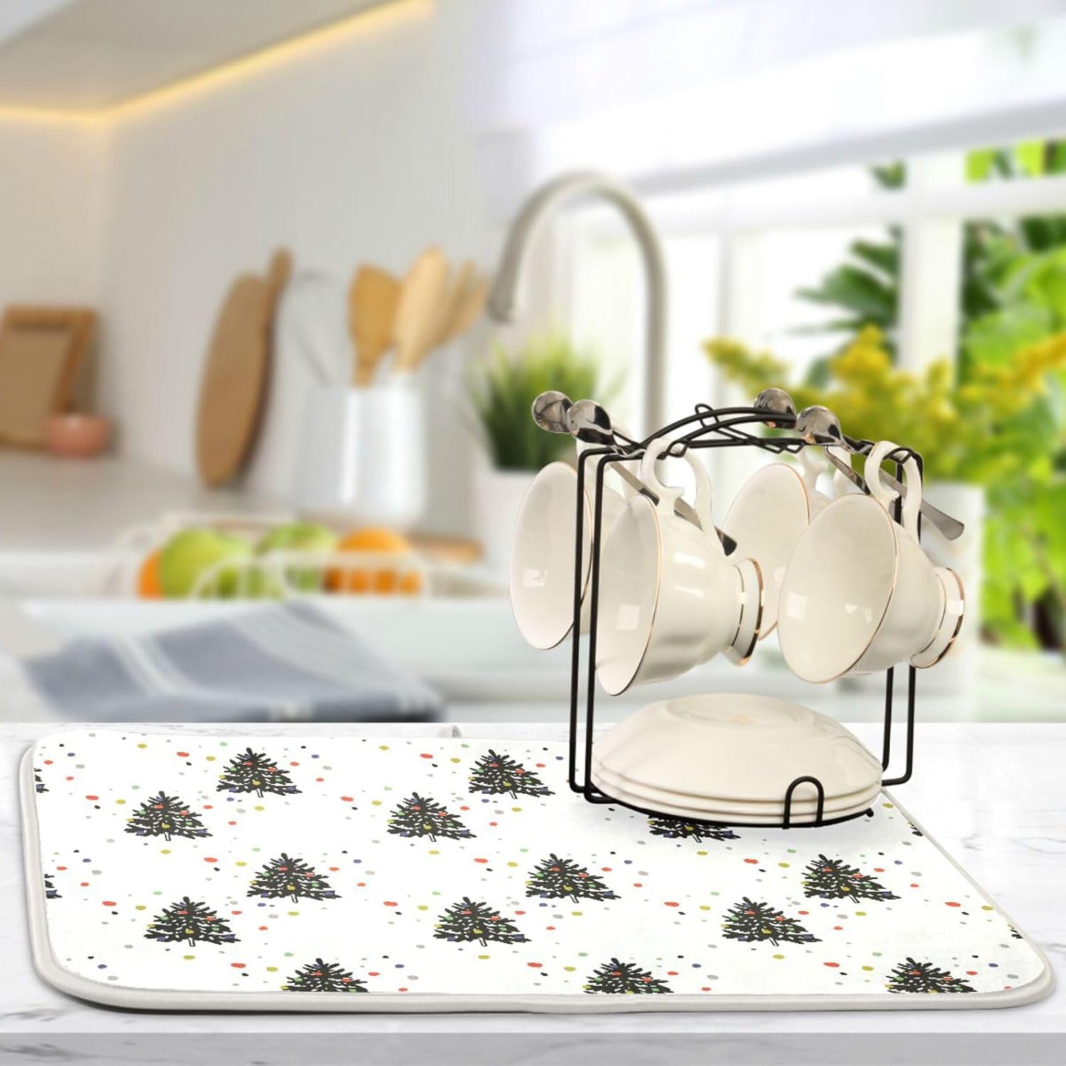 Christmas Fir Trees Dish Mat Washnable Absorbent Kitchen Counter Mat Dish Drainer Mat Tapete Para Cocina 16” x 18”
