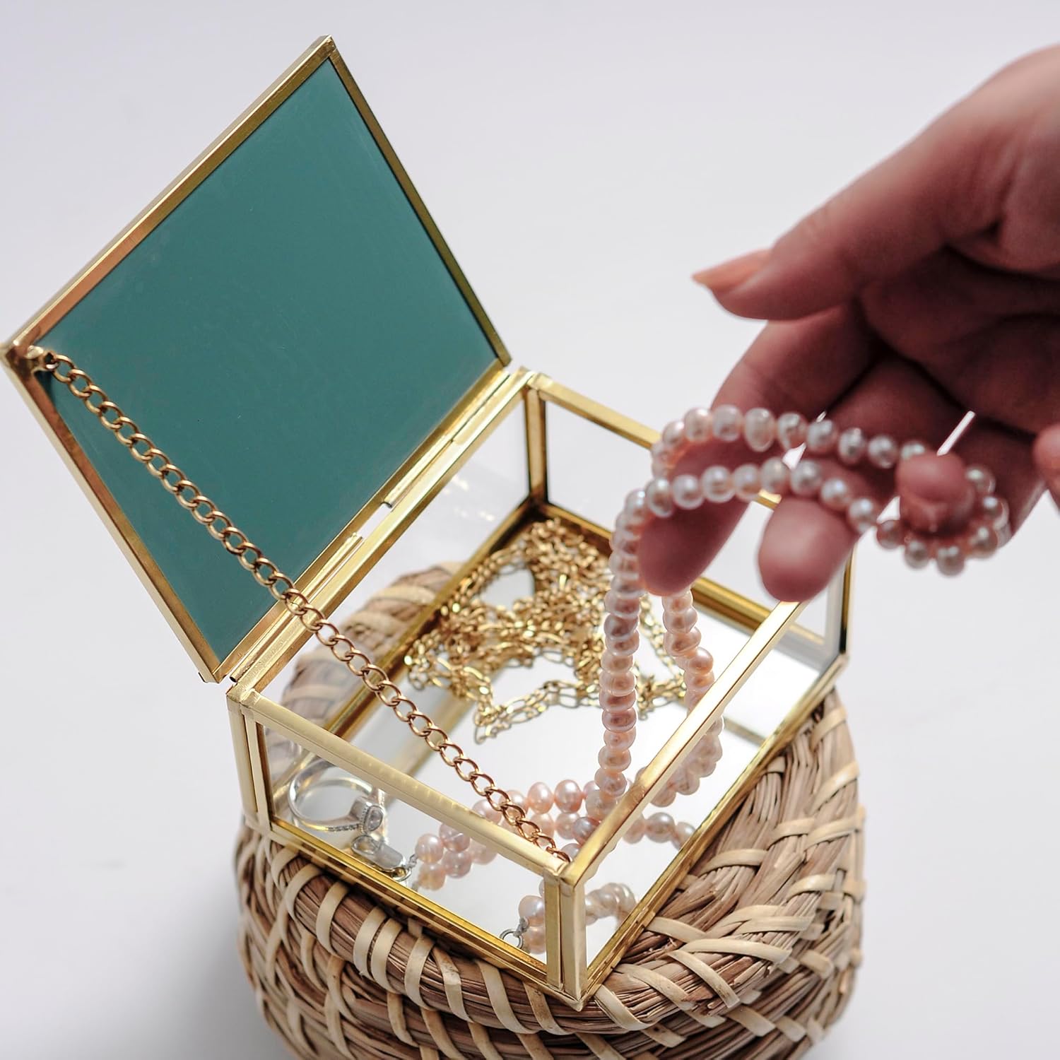 4x3x1.5″ Brass Glass jewelry Ring Box Wedding Mirrored Based