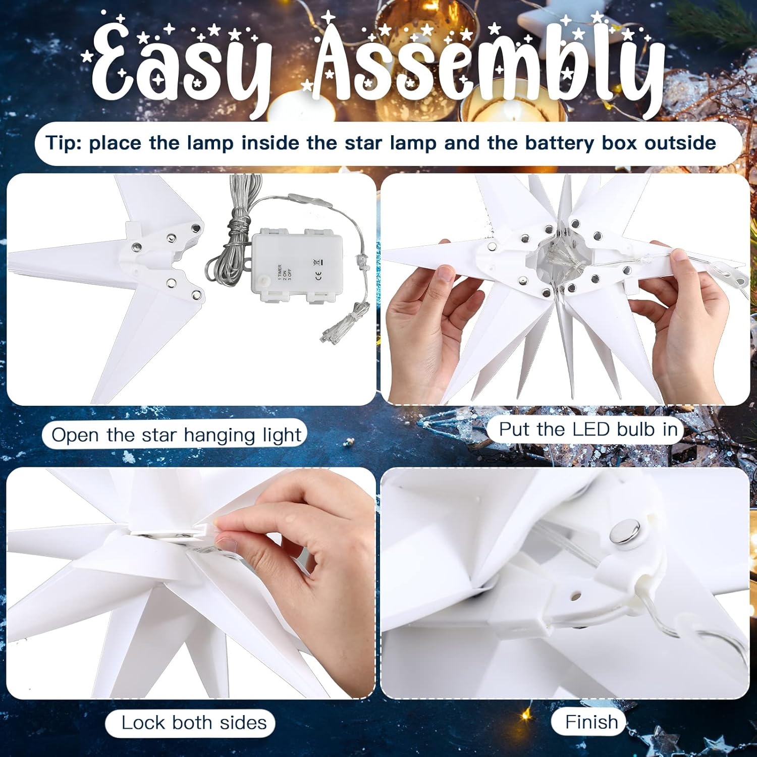 8 luces de estrella moravia 3D LED colgantes de estrella alimentadas por batería con función de temporizador, luz blanca para porche, decoración