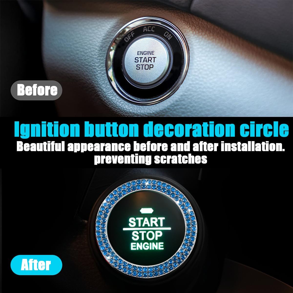 zipelo Anillo de decoración de arranque y parada de motor de automóvil con doble diamantes de imitación, 2 calcomanías para botón de arranque,