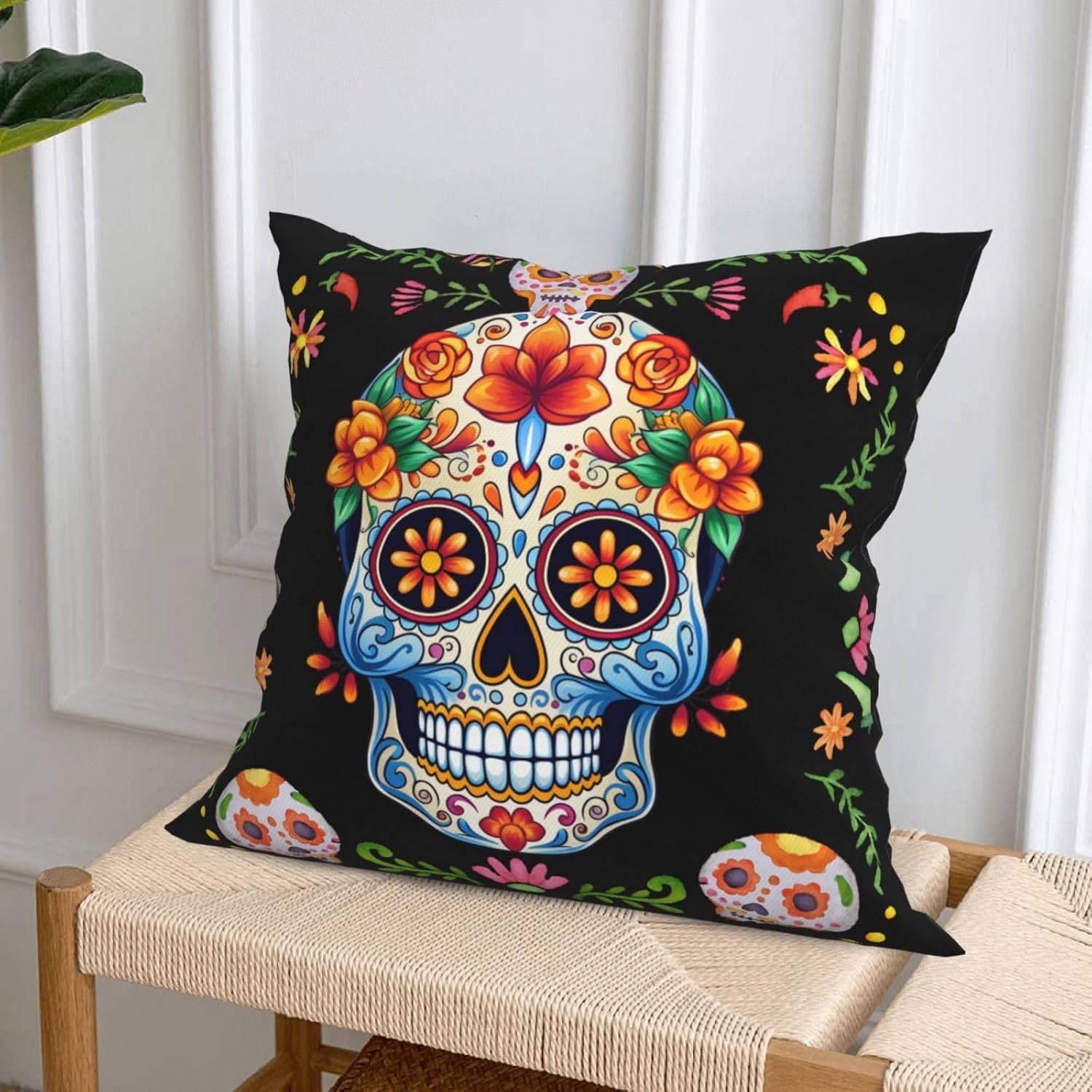 Yuejher 4 fundas de almohada decorativas del Día de los Muertos, fundas de almohada de calavera de azúcar mexicana, fundas de cojín cuadradas para