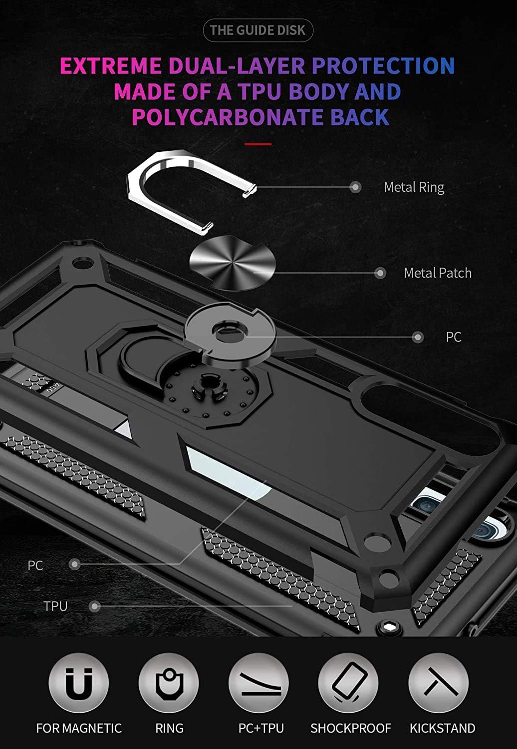 TJS Funda compatible con Samsung Galaxy A50 2019, con protector de pantalla de vidrio templado, anillo de metal, soporte magnético, resistente